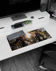 Blonde masked heroine in fur-trim hat beside blade-armed partner, back-to-back anime mouse pad, 28x12 inches.