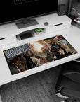 32x16 inches anime mouse pad featuring blonde heroine in fur hat and mask, red eyes beside a partner.