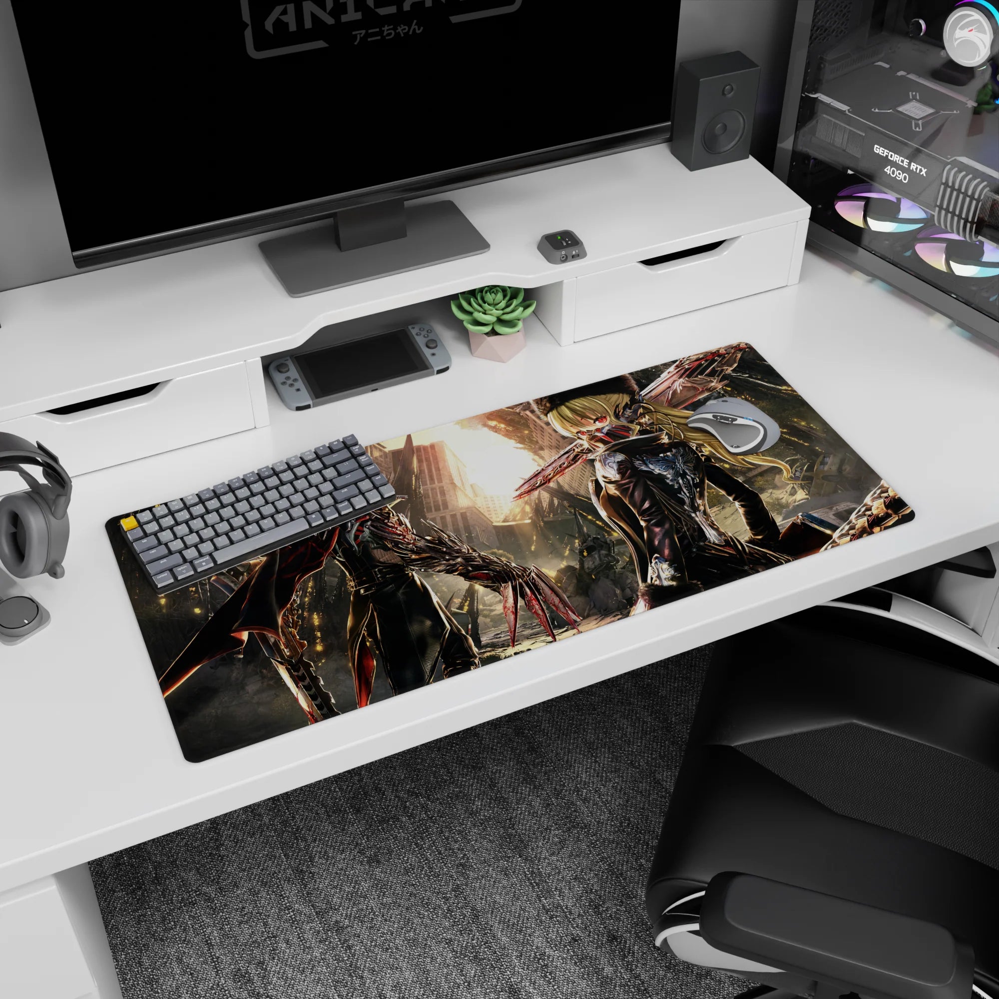 36x16 inches anime desk pad showing blonde heroine in fur hat and mask with fierce red eyes beside ally.