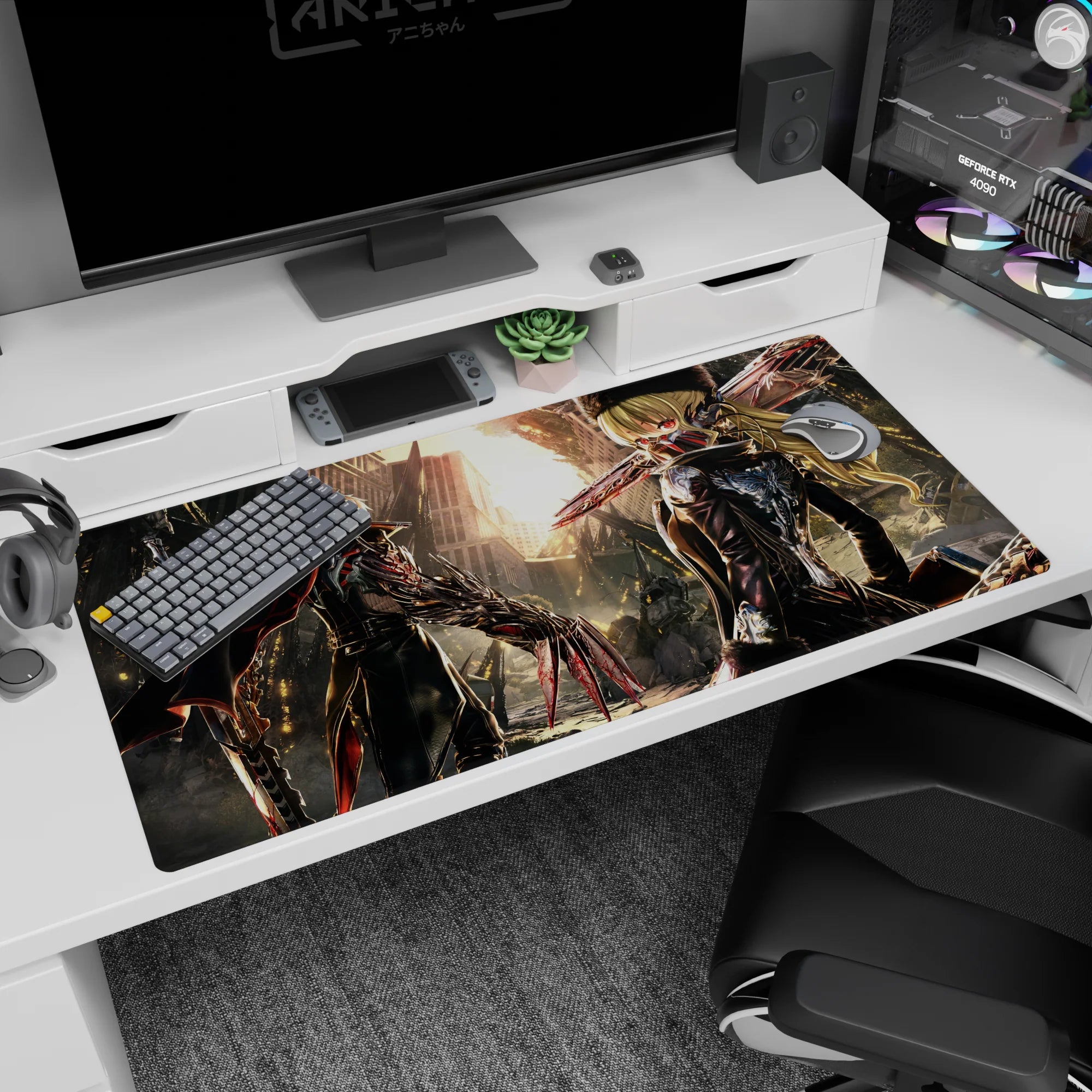 40x20 inches anime desk pad showing masked blonde heroine and partner, back-to-back amid rubble at dusk.
