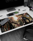 40x20 inches anime desk pad showing masked blonde heroine and partner, back-to-back amid rubble at dusk.