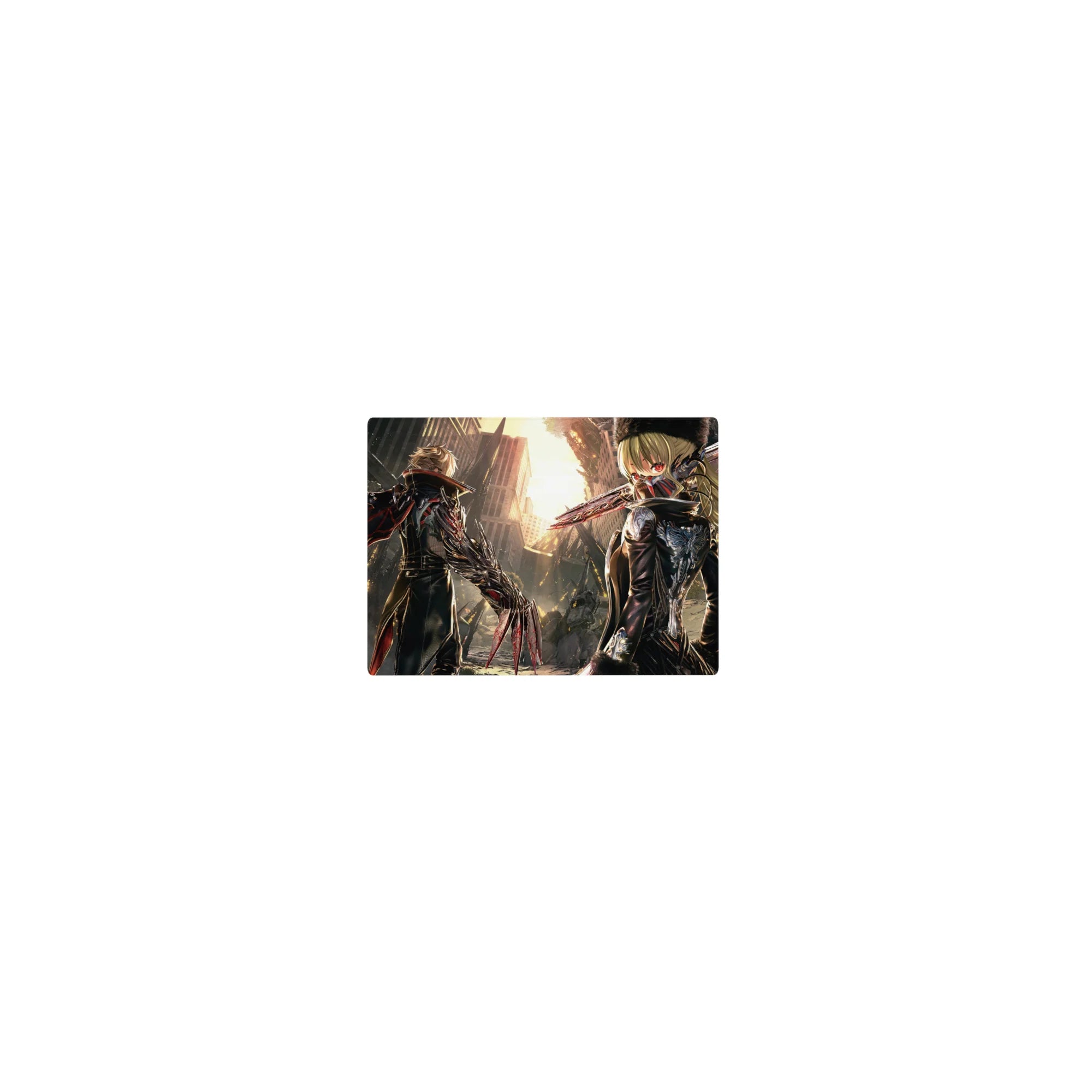 Classic anime mouse pad 14x10 inches featuring two back-to-back fighters in ruined city rubble at sunset.