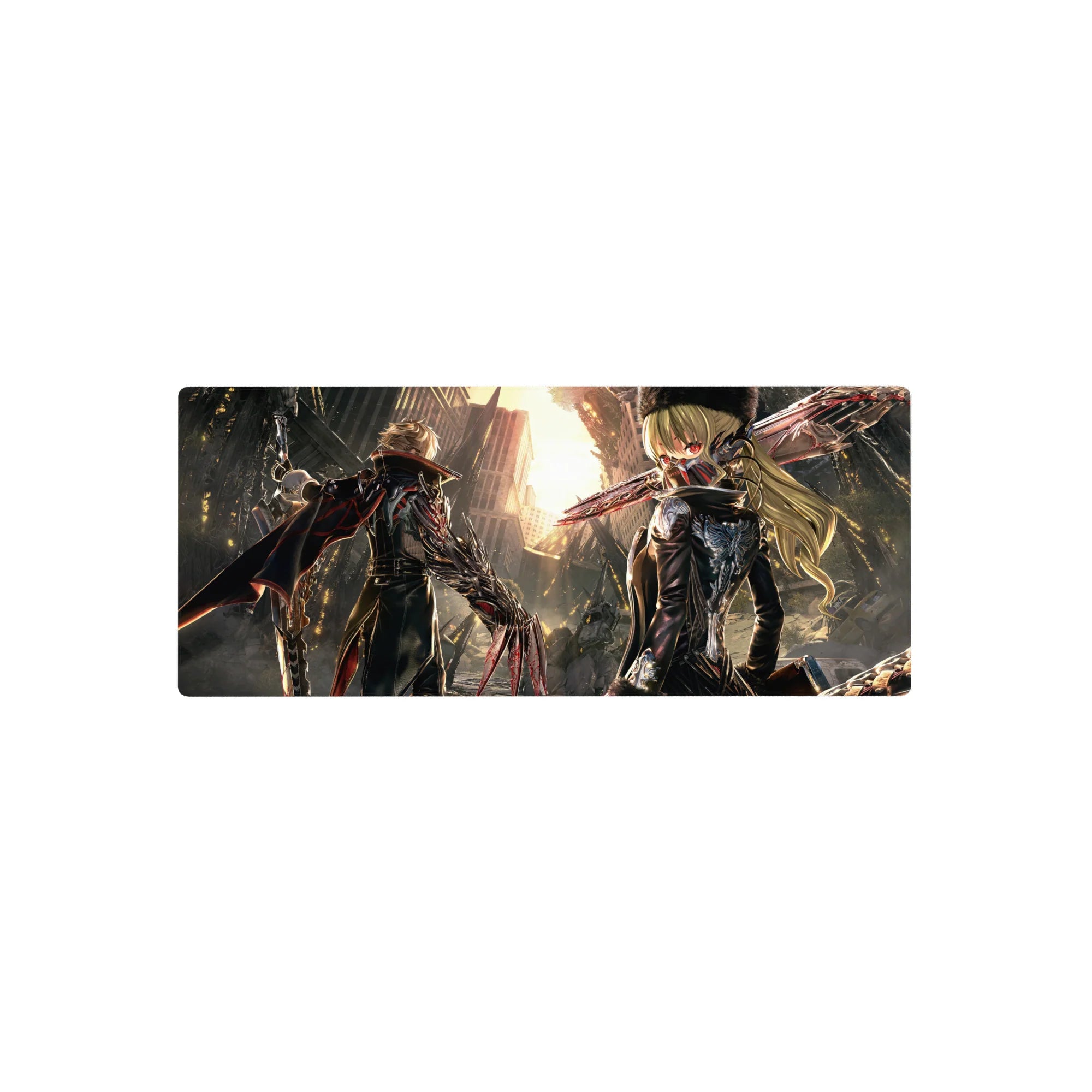 Post-apocalyptic standoff anime mouse pad, two back-to-back fighters amid rubble, 28x12 inches.