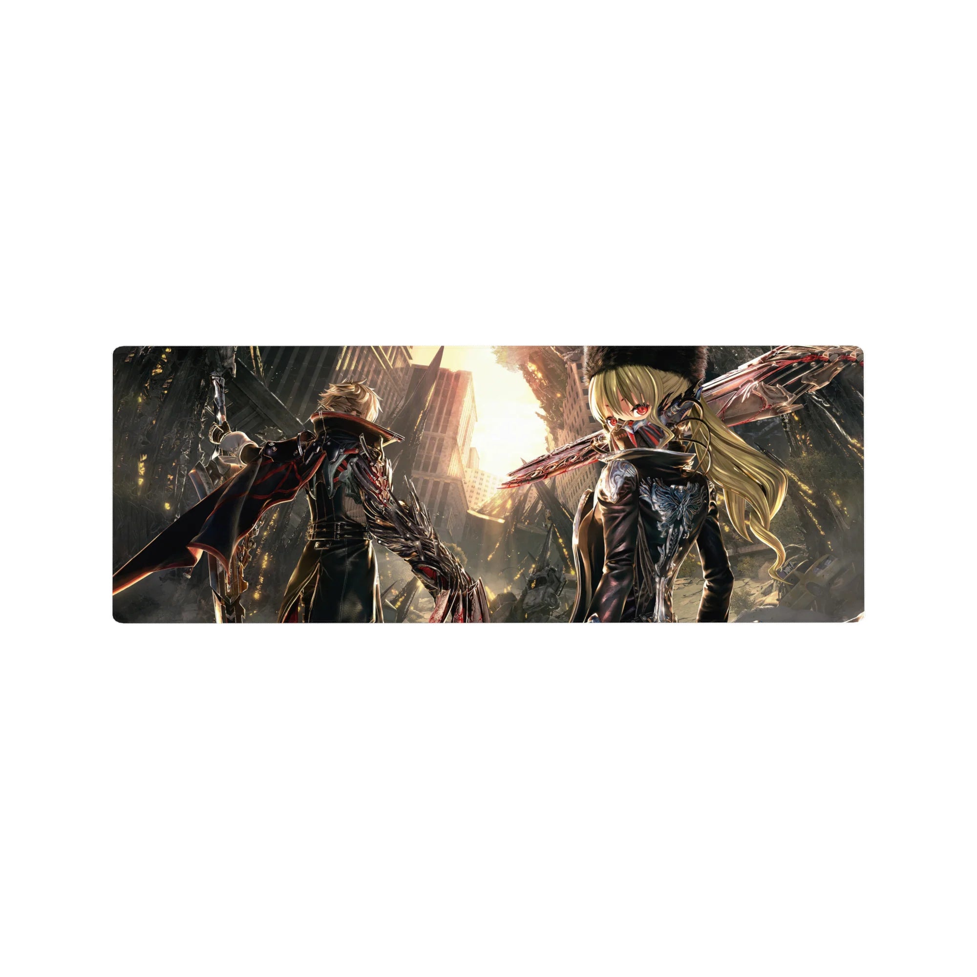 32x12 inches anime mouse pad with post-apocalyptic ruins, two fighters back-to-back, blade-like arms.