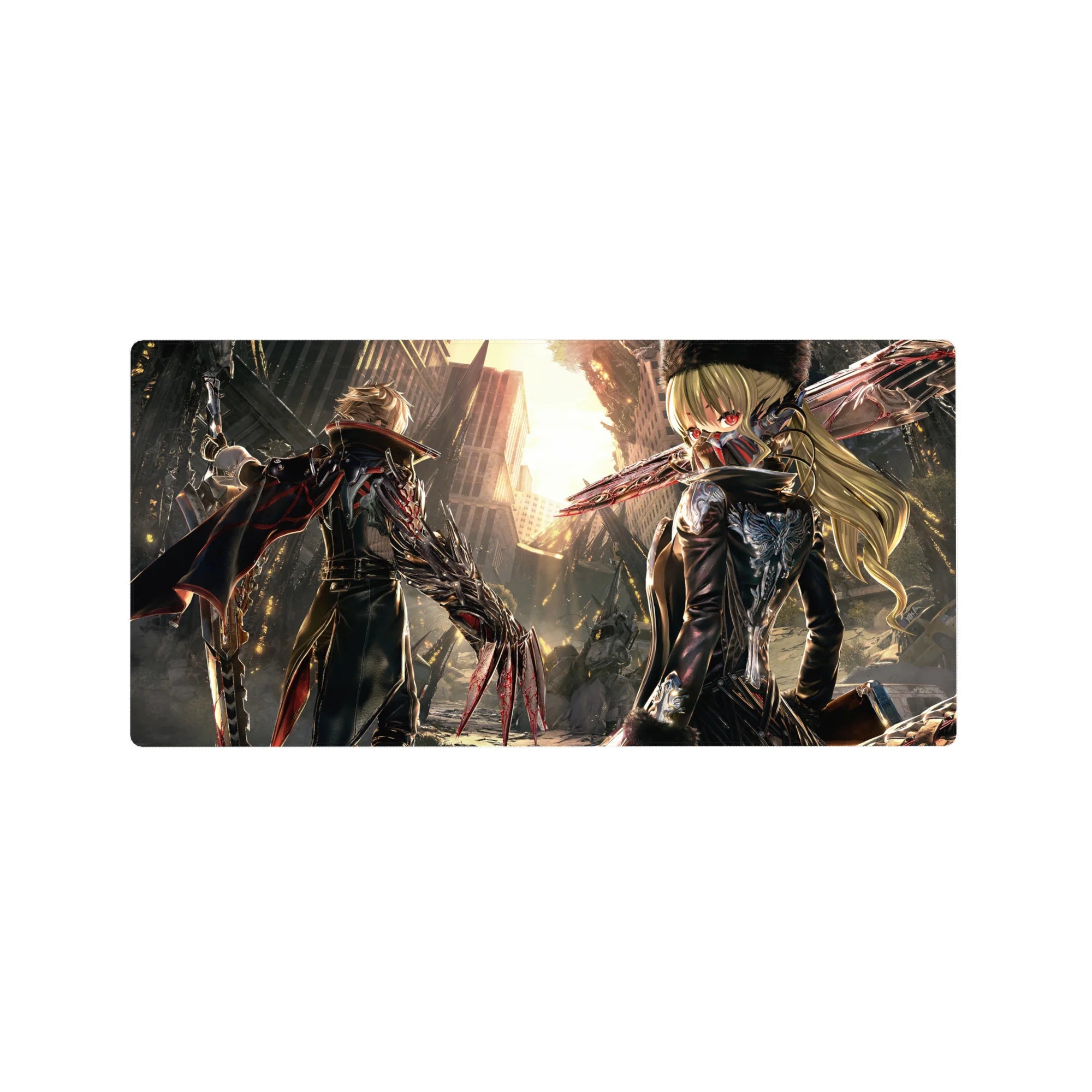 32x16 inches anime mouse pad with post-apocalypse ruins, two fighters back-to-back, blade-like metal arms.