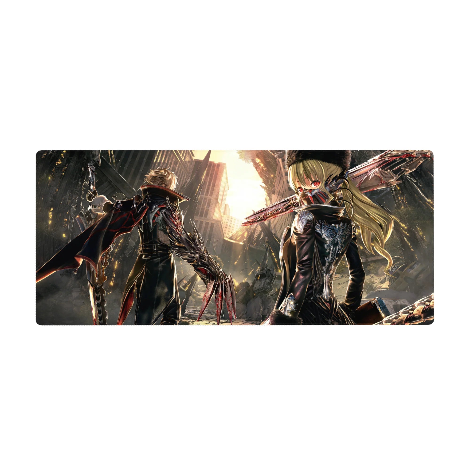 36x16 inches anime desk pad with post-apocalypse ruins, back-to-back fighters, blade-like arms.