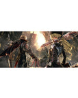 36x16 inches anime desk pad with post-apocalypse ruins, back-to-back fighters, blade-like arms.