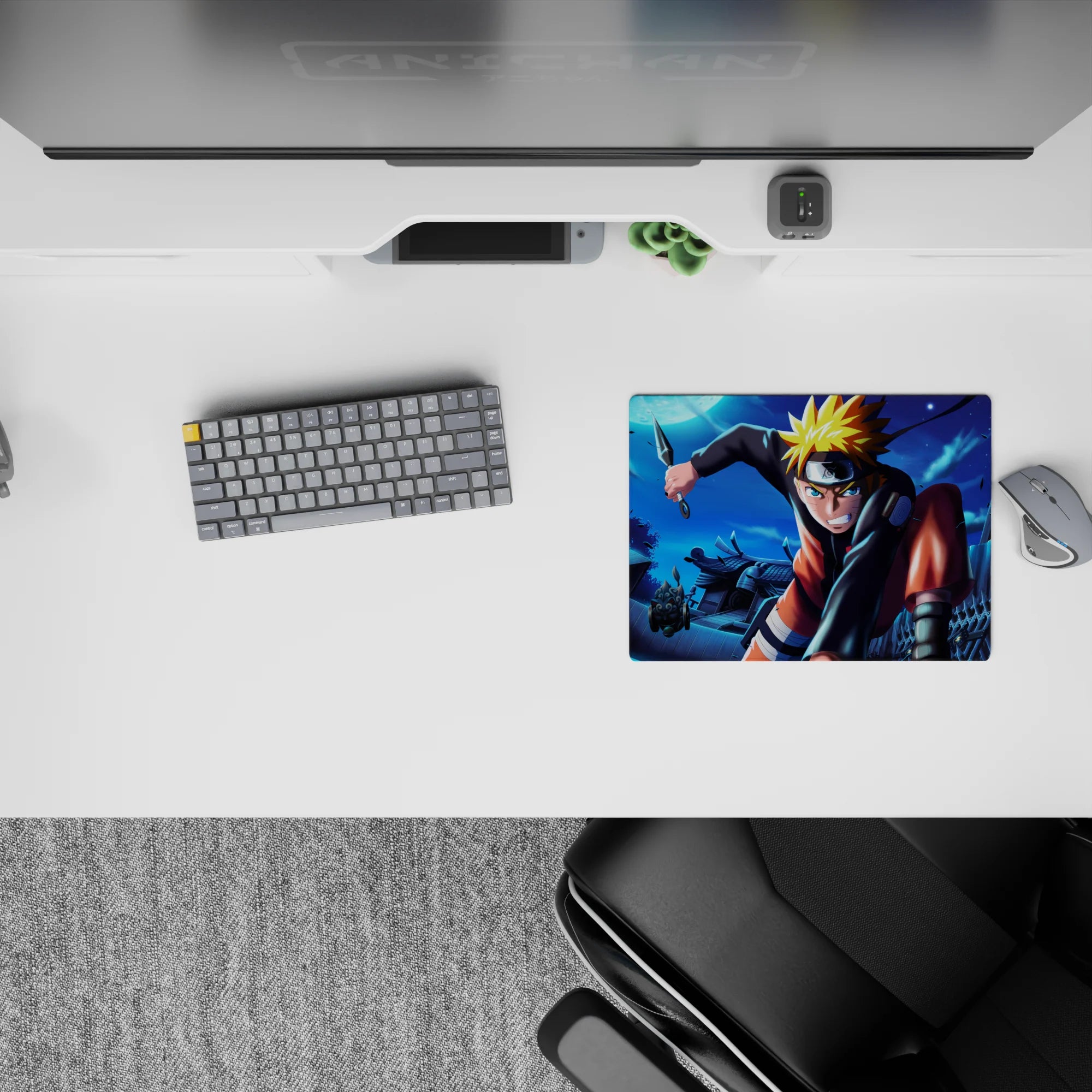 Moonlit blue rooftop anime mouse pad 14x10 inches with bright orange-gold accents and energetic vibe.