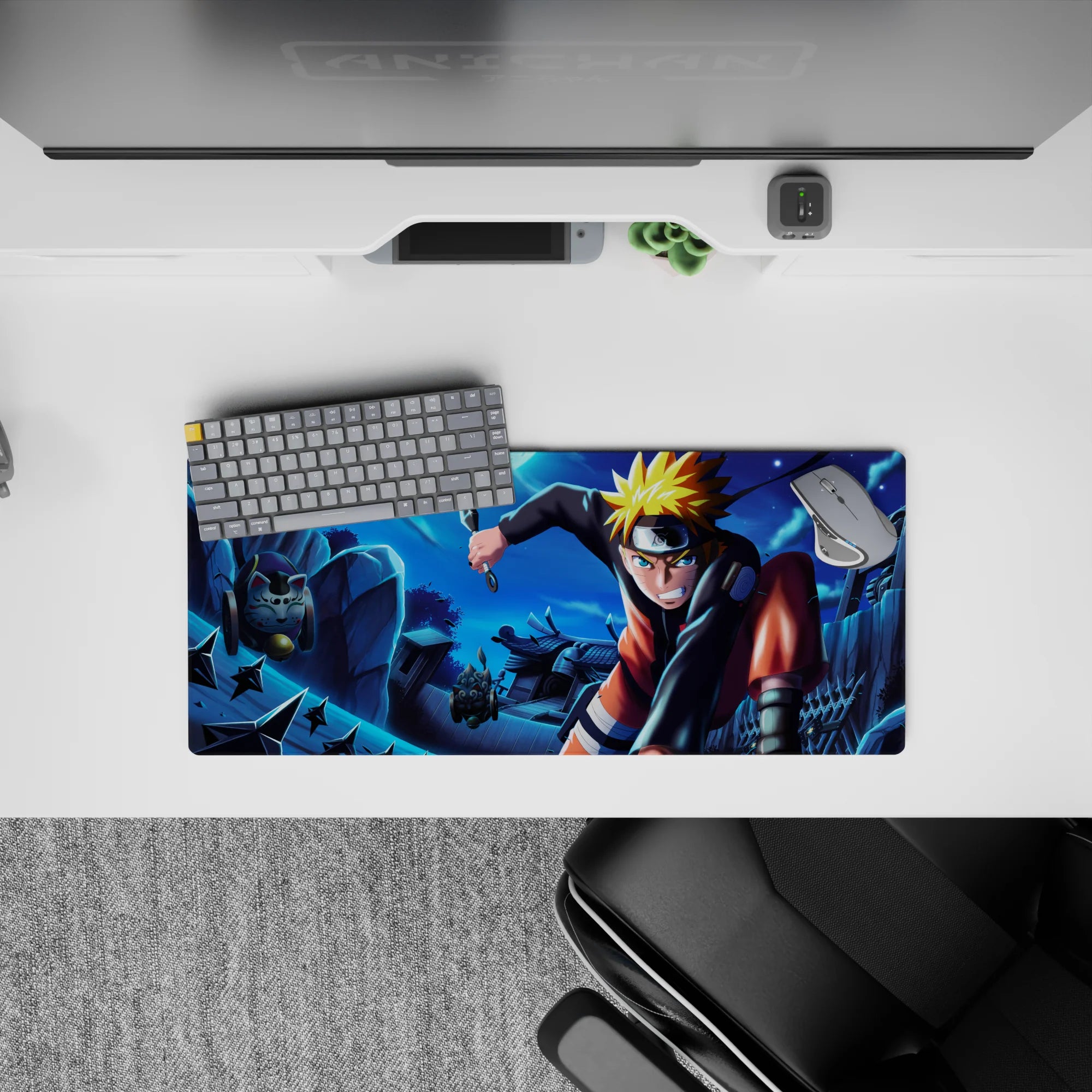 28x12 inches anime mouse pad in moonlit blues with bright orange-gold accents, sleek focused vibe.