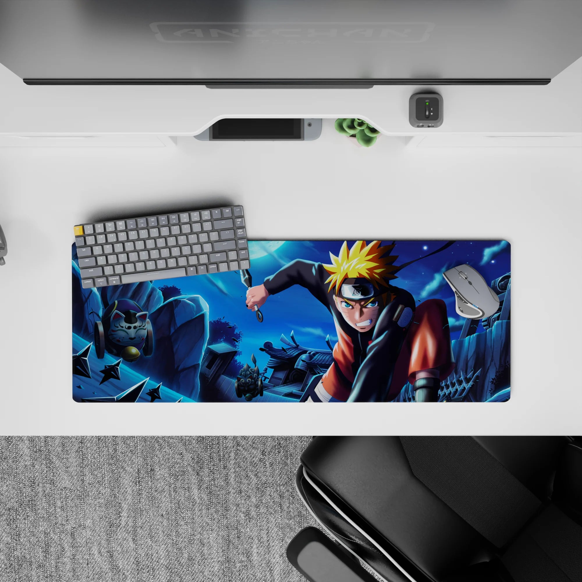 32x12 inches anime mouse pad in moonlit blues with bright orange-gold highlights, fast ninja vibe.