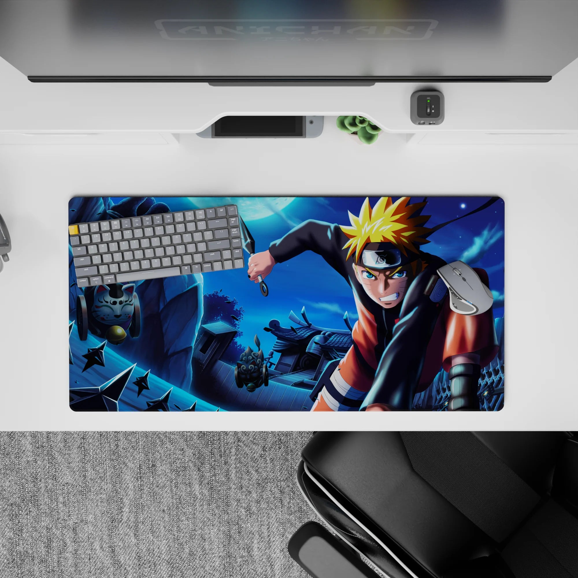32x16 inches anime mouse pad in moonlit blue tones with bright orange and gold accents, energetic vibe.