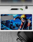 32x16 inches anime mouse pad in moonlit blue tones with bright orange and gold accents, energetic vibe.