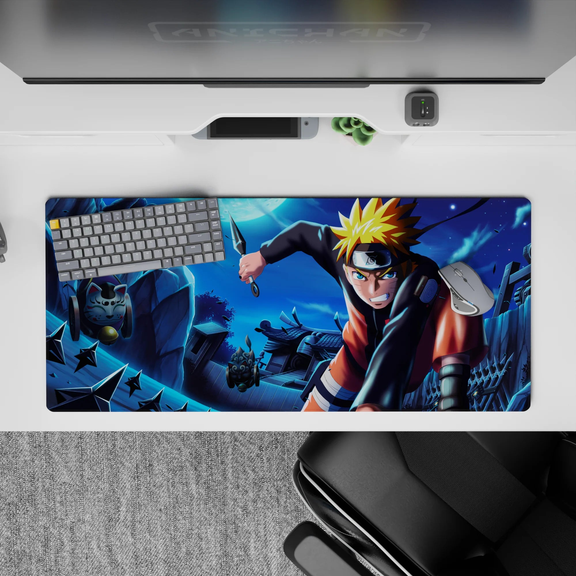 Moonlit blue anime desk pad 36x16 inches with bright orange-gold hair pops and fast-action vibe.