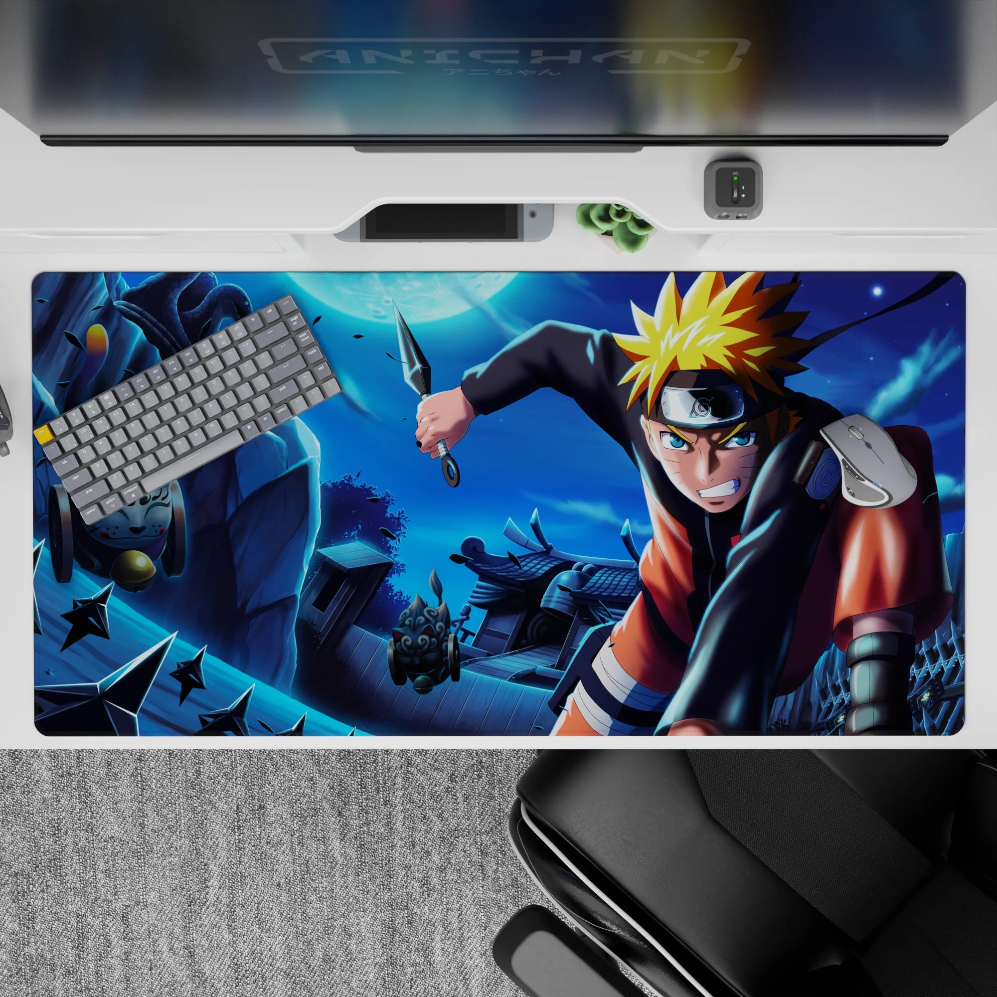Moonlit blue anime desk pad 40x20 inches with bright orange-gold hair accents and fast ninja energy.