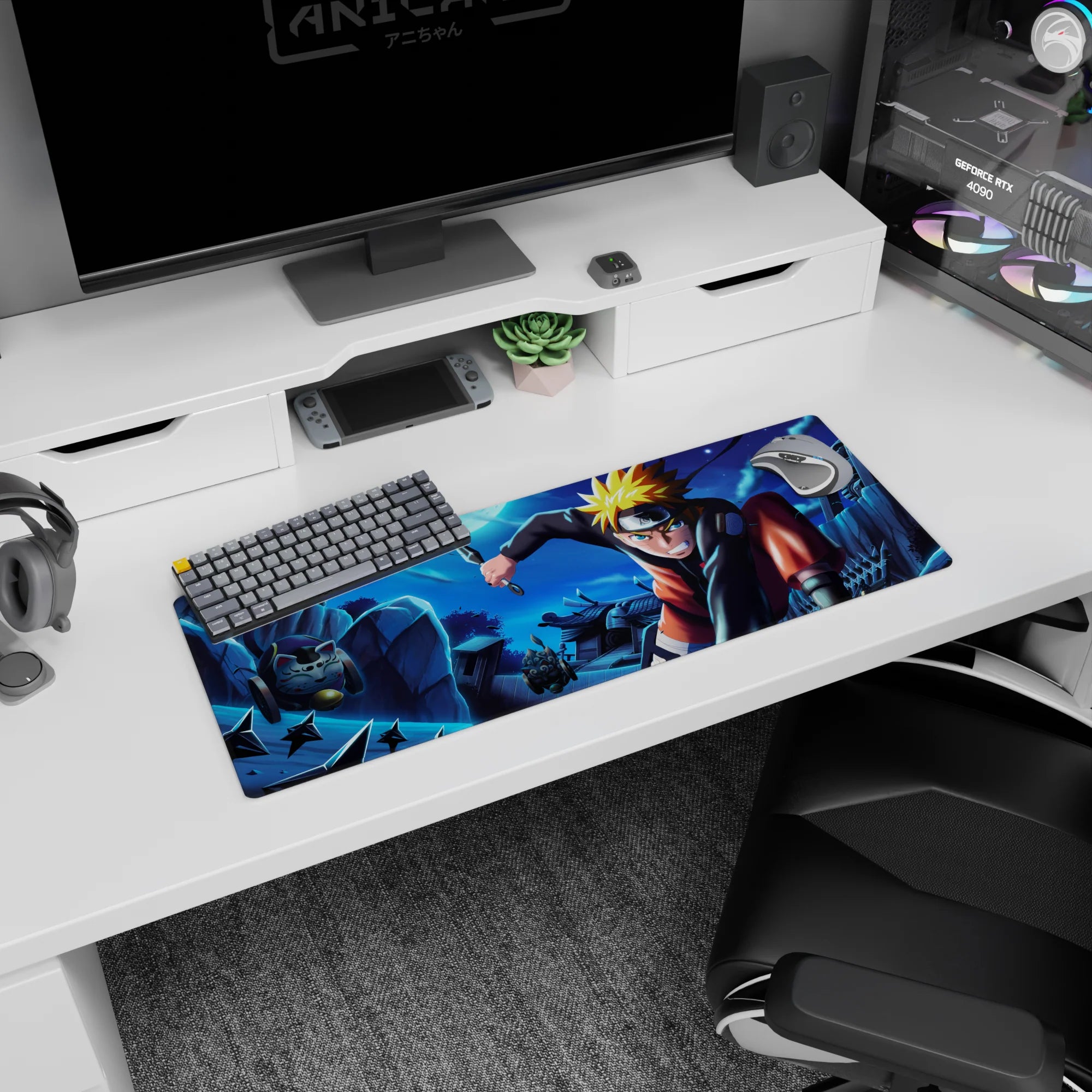 32x12 inches Naruto Shippuden mouse pad showing Naruto Uzumaki lunging midair over rooftops.
