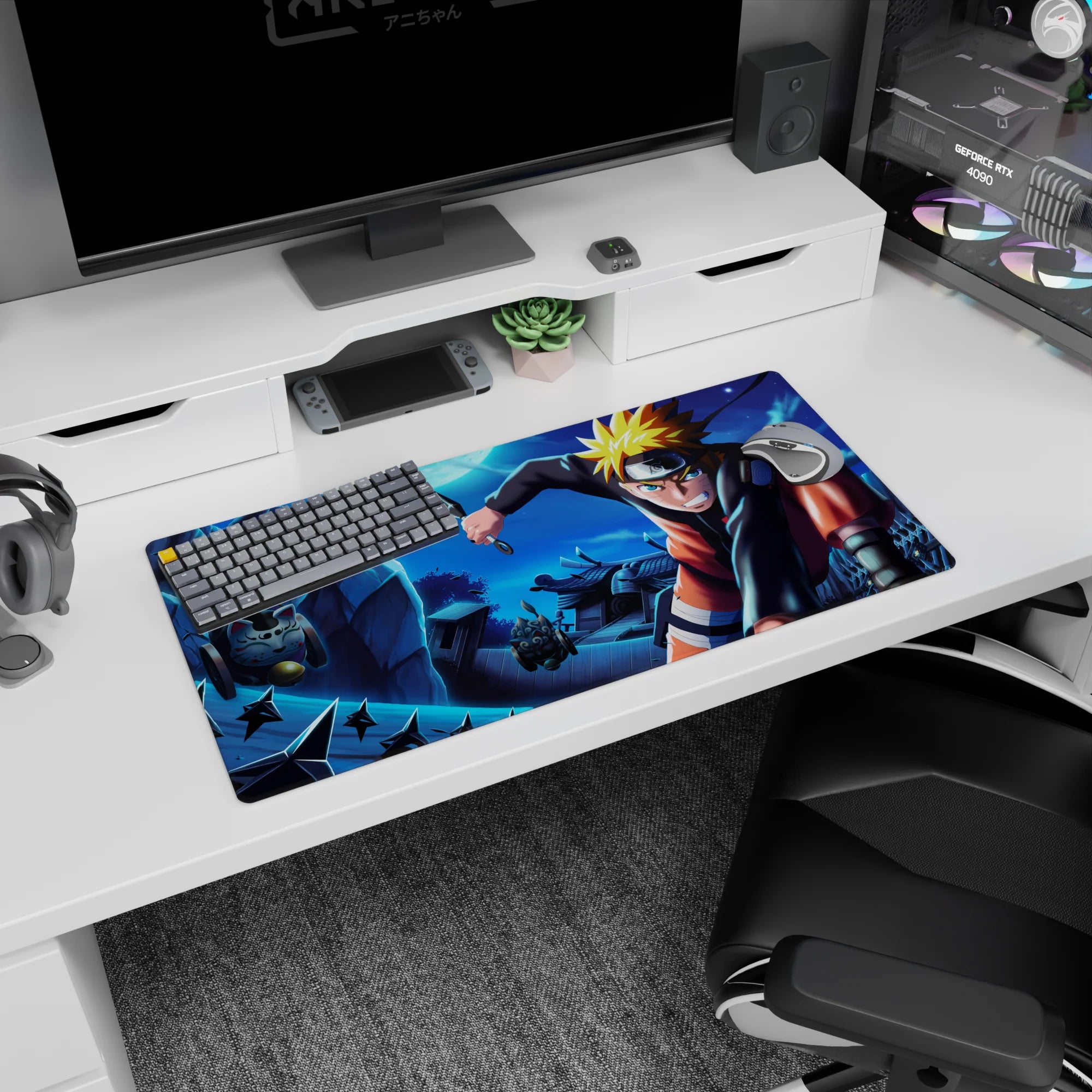 32x16 inches Naruto Shippuden mouse pad showing Naruto Uzumaki leaping across rooftops at night.