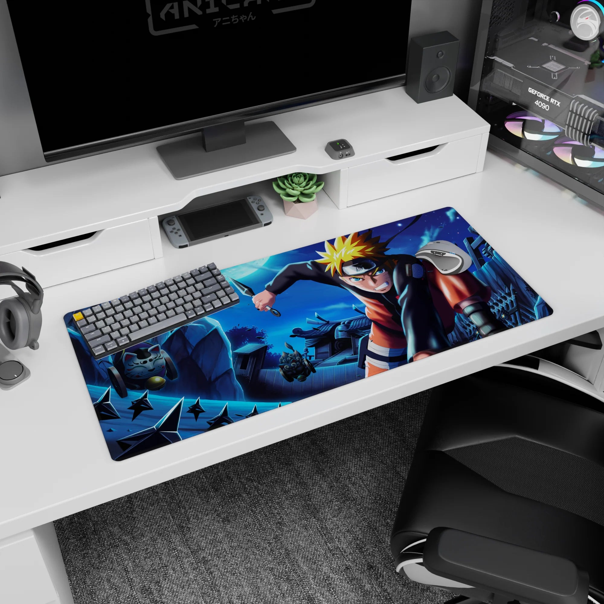 Naruto Uzumaki lunging across rooftops on an anime desk pad 36x16 inches, kunai in hand, shuriken flying.
