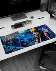 Naruto Uzumaki lunging across rooftops on an anime desk pad 36x16 inches, kunai in hand, shuriken flying.