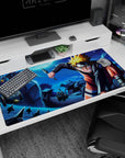 Naruto Uzumaki diving across rooftops on an anime desk pad 40x20 inches with kunai and flying shuriken.