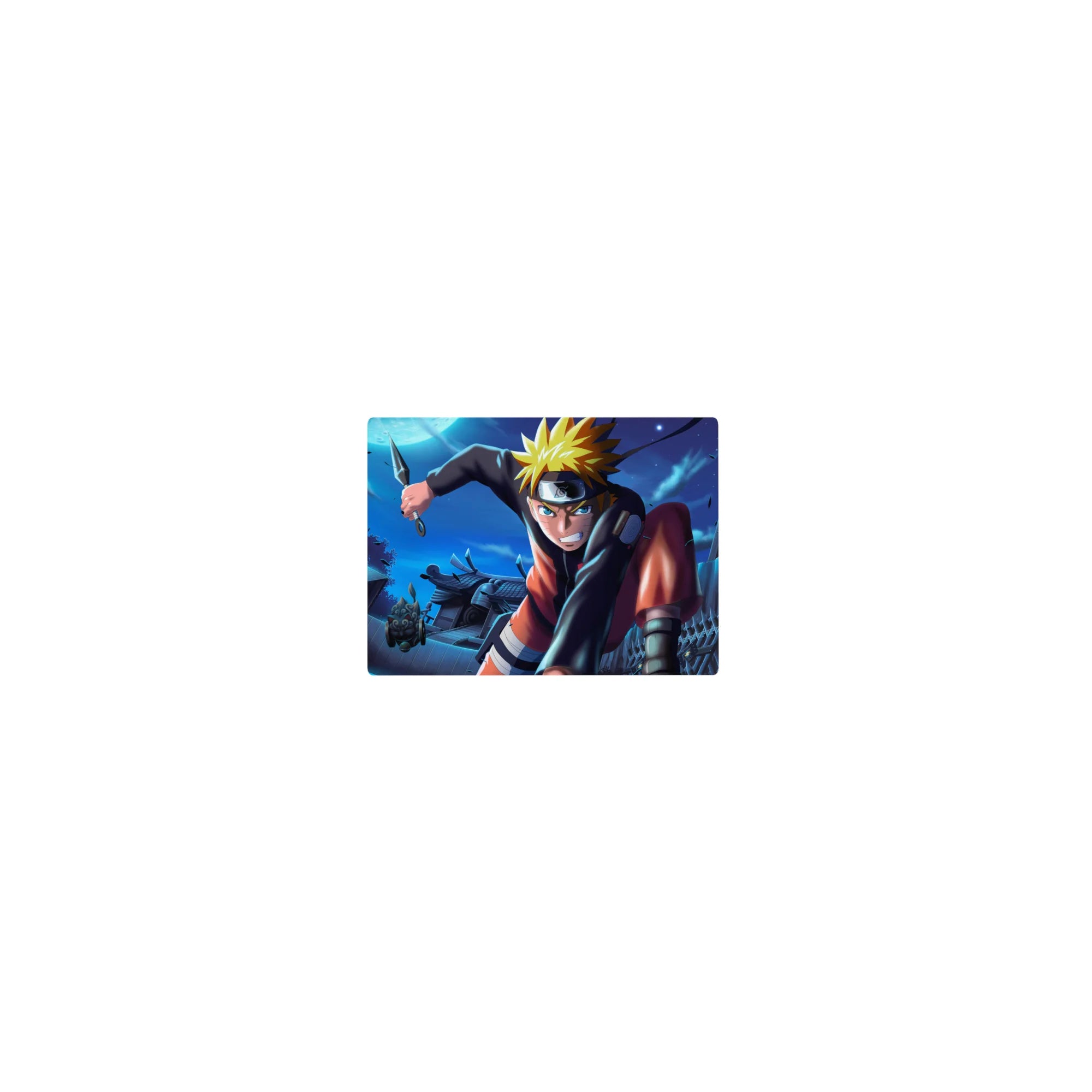 Classic anime mouse pad 14x10 inches with ninja rooftop action, kunai, shuriken, and lucky cat charm.