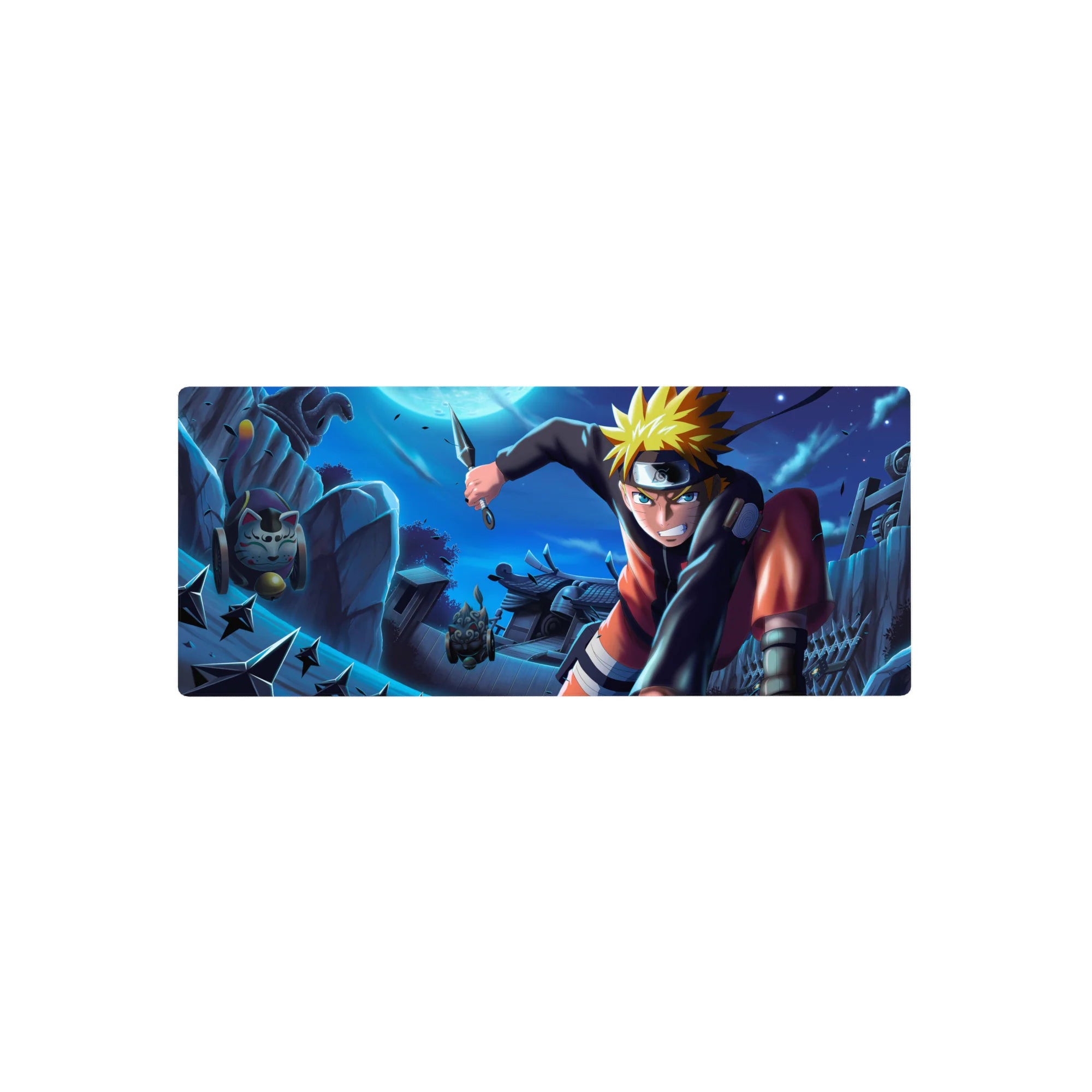 28x12 inches anime mouse pad with rooftop ninja action, kunai and shuriken, lucky cat charm detail.