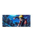28x12 inches anime mouse pad with rooftop ninja action, kunai and shuriken, lucky cat charm detail.