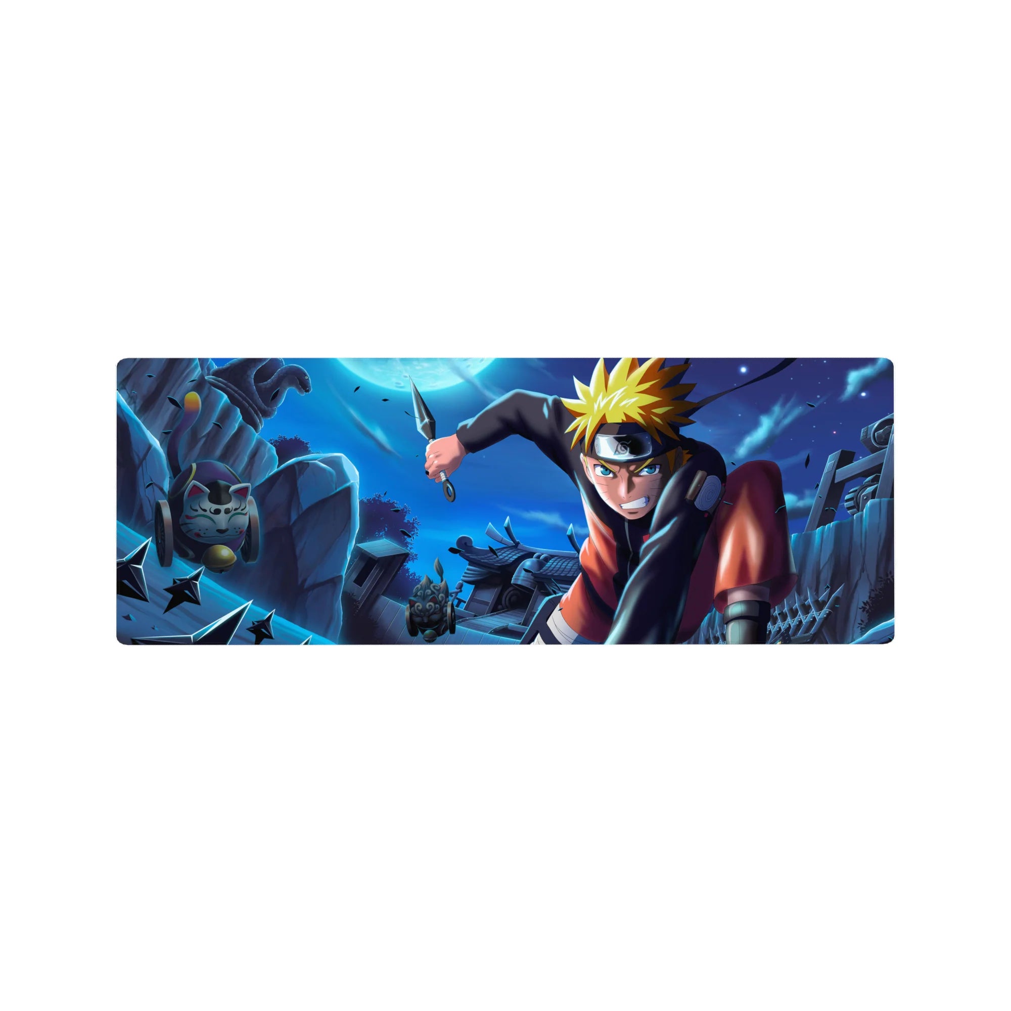 32x12 inches anime mouse pad with Naruto rooftop dive, kunai and shuriken, lucky cat charm edge.