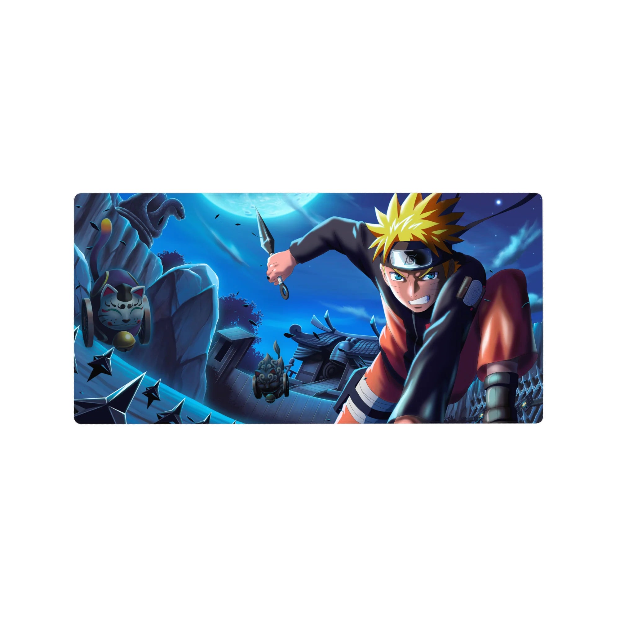 32x16 inches anime mouse pad with Naruto rooftop dive, kunai and flying shuriken, lucky cat charm.