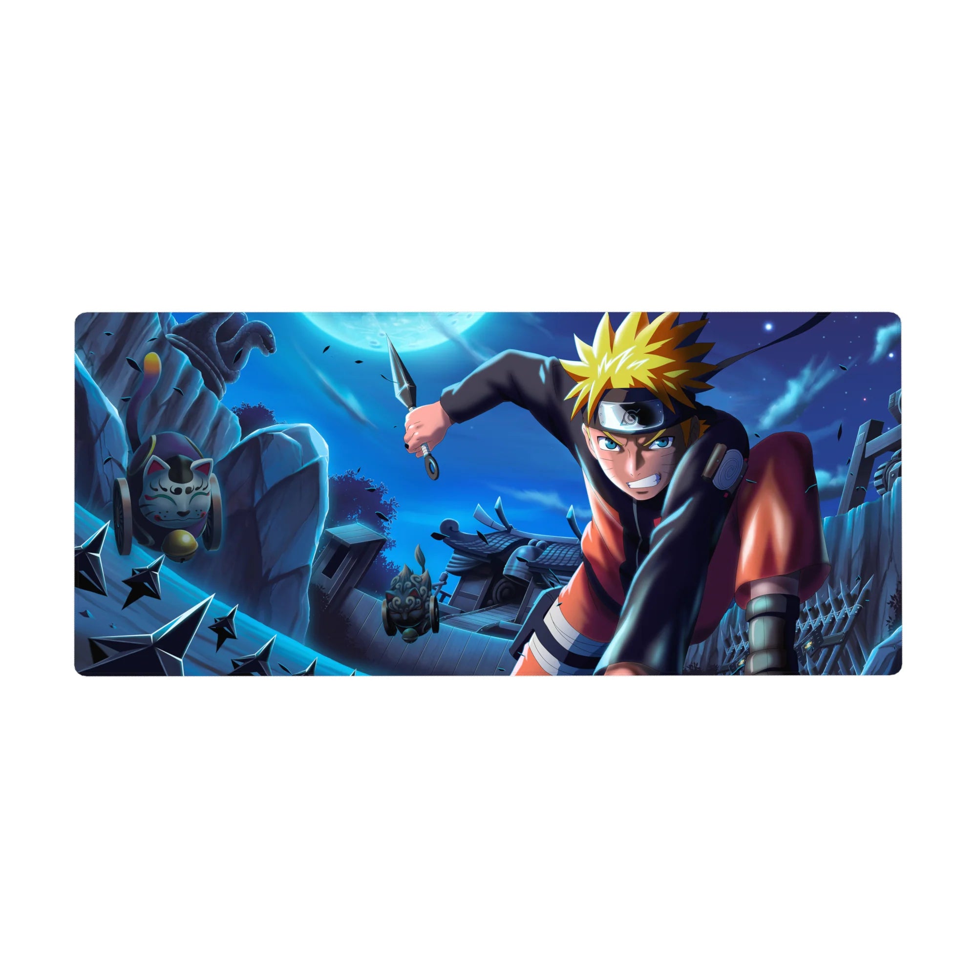 Anime desk pad 36x16 inches with Naruto rooftop dive, kunai and shuriken, lucky cat charm detail.