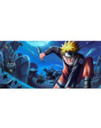 Anime desk pad 36x16 inches with Naruto rooftop dive, kunai and shuriken, lucky cat charm detail.