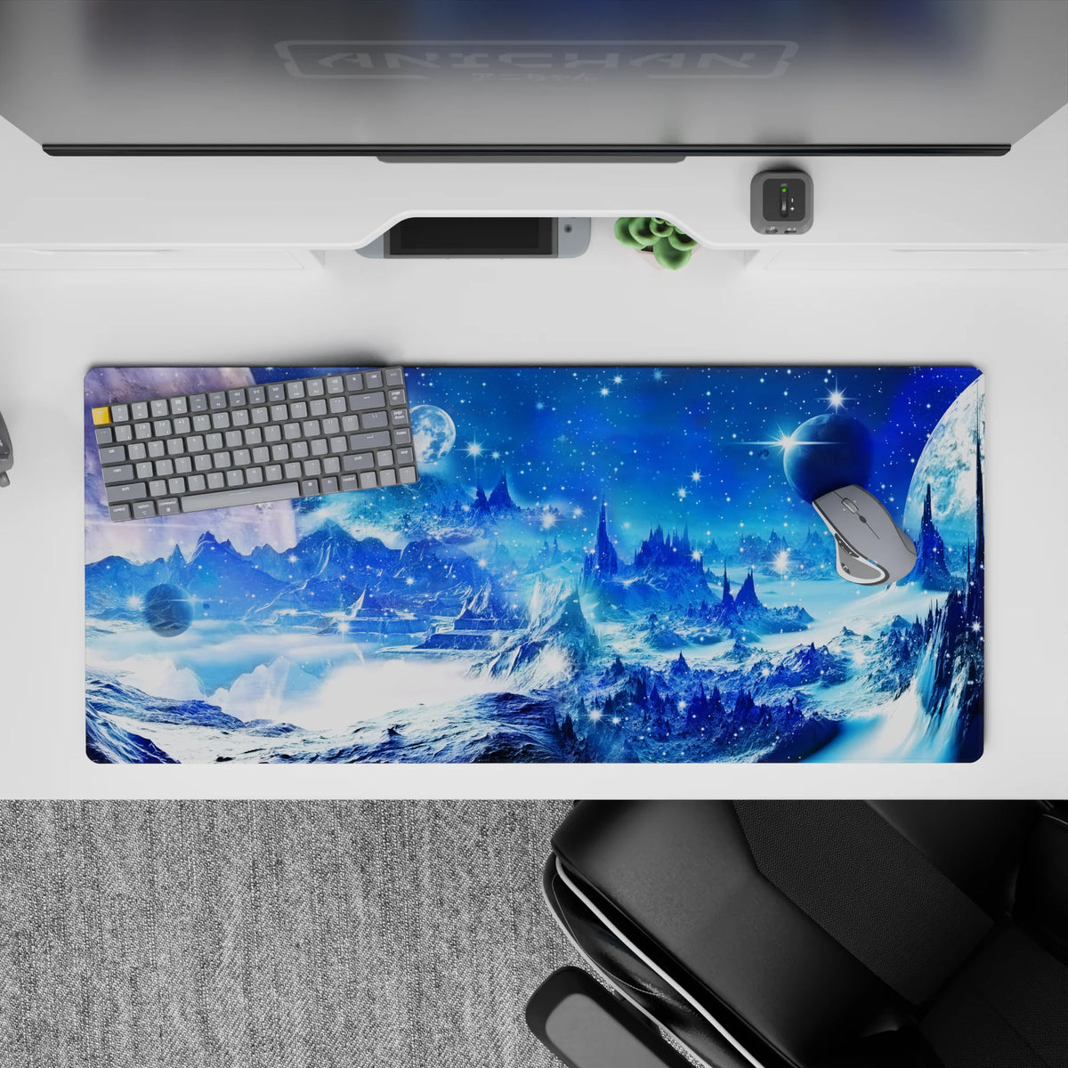 Deep blue and electric blue desk pad, 36x16 inches, glacier whites, calm frosty space vibe.