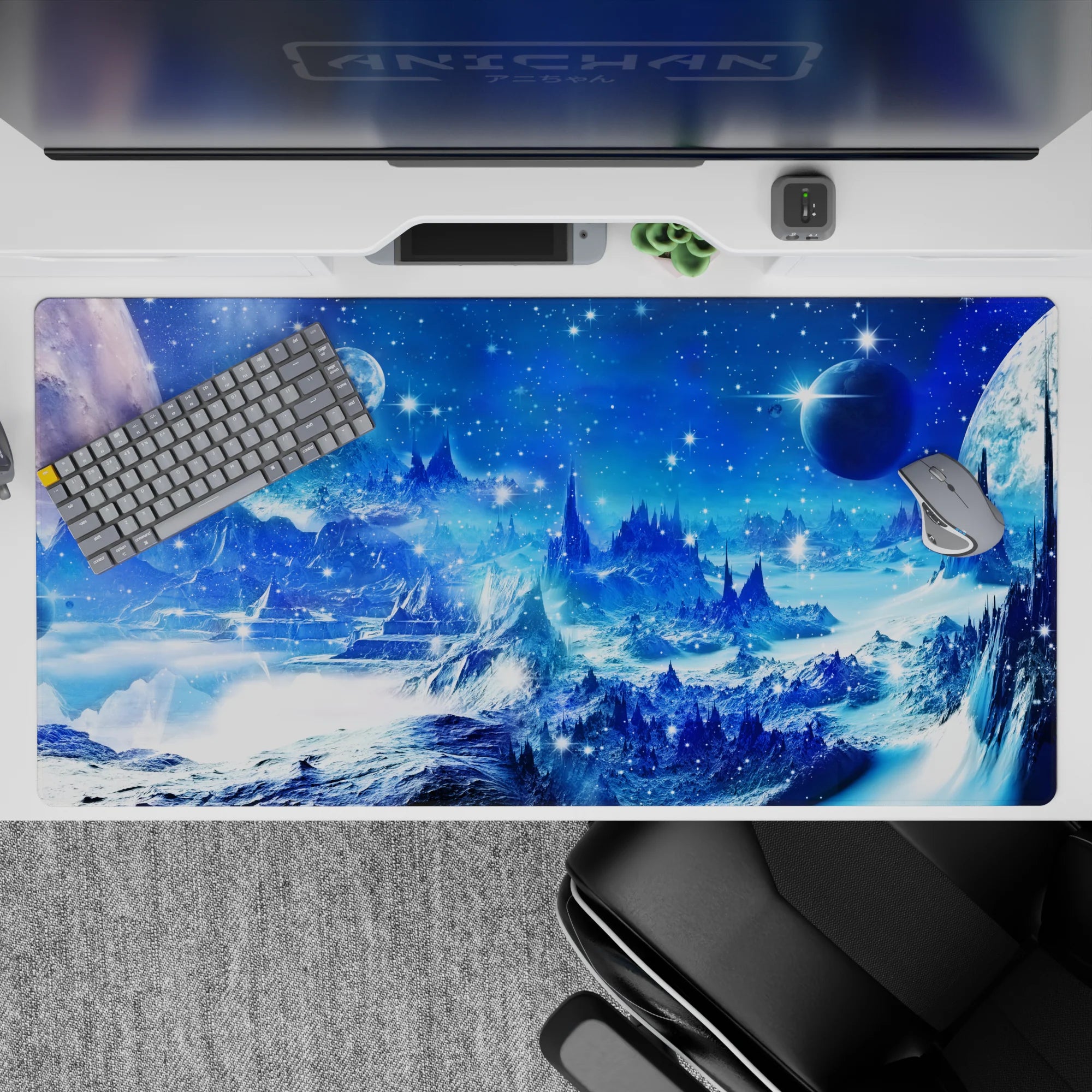 Deep blue and electric blue desk pad 40x20 inches with glacier whites for a calm, late-night vibe.