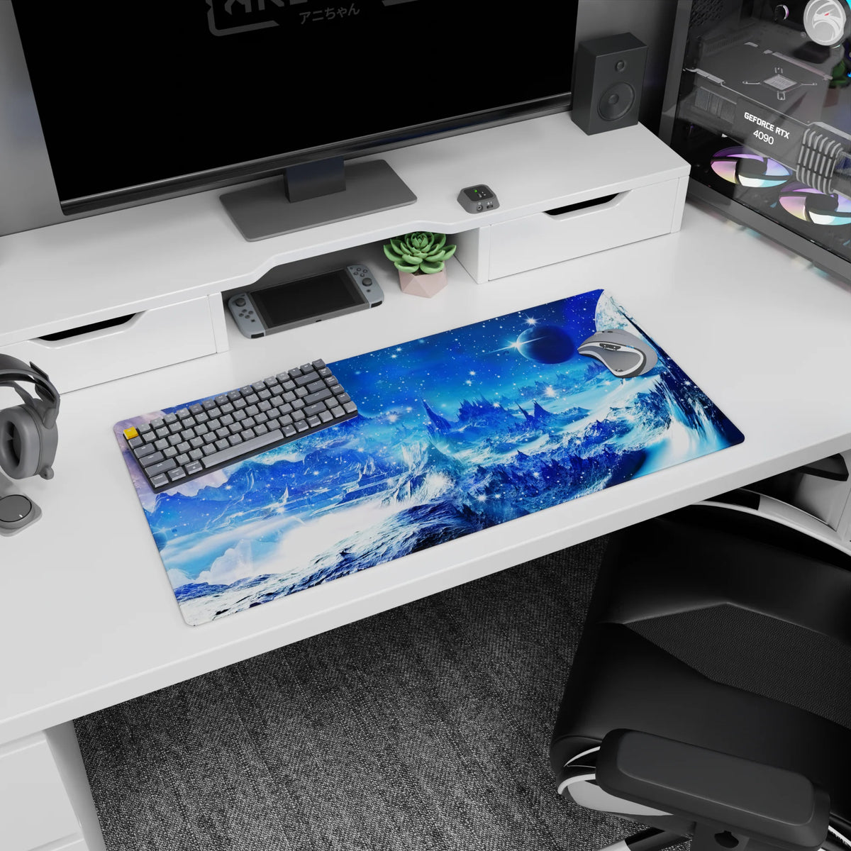 Icy mountain horizon scene mouse pad 32x16 inches with distant planets and sparkling starfield.