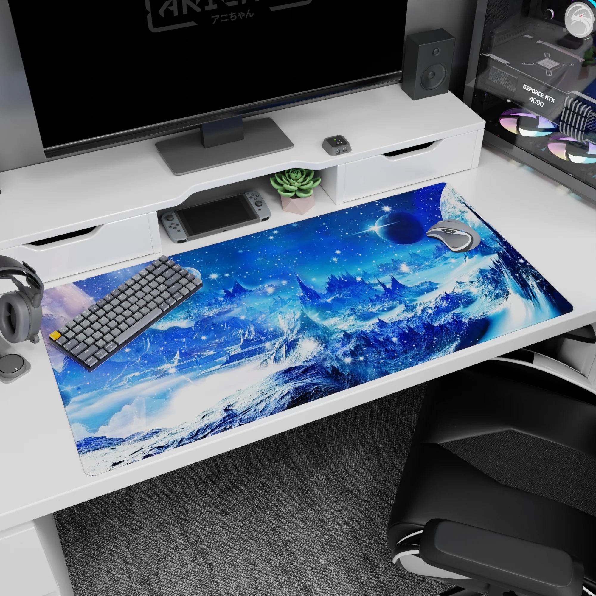 Icy mountain horizon desk pad 40x20 inches under a starry night sky with tiny stars and far-off planets.