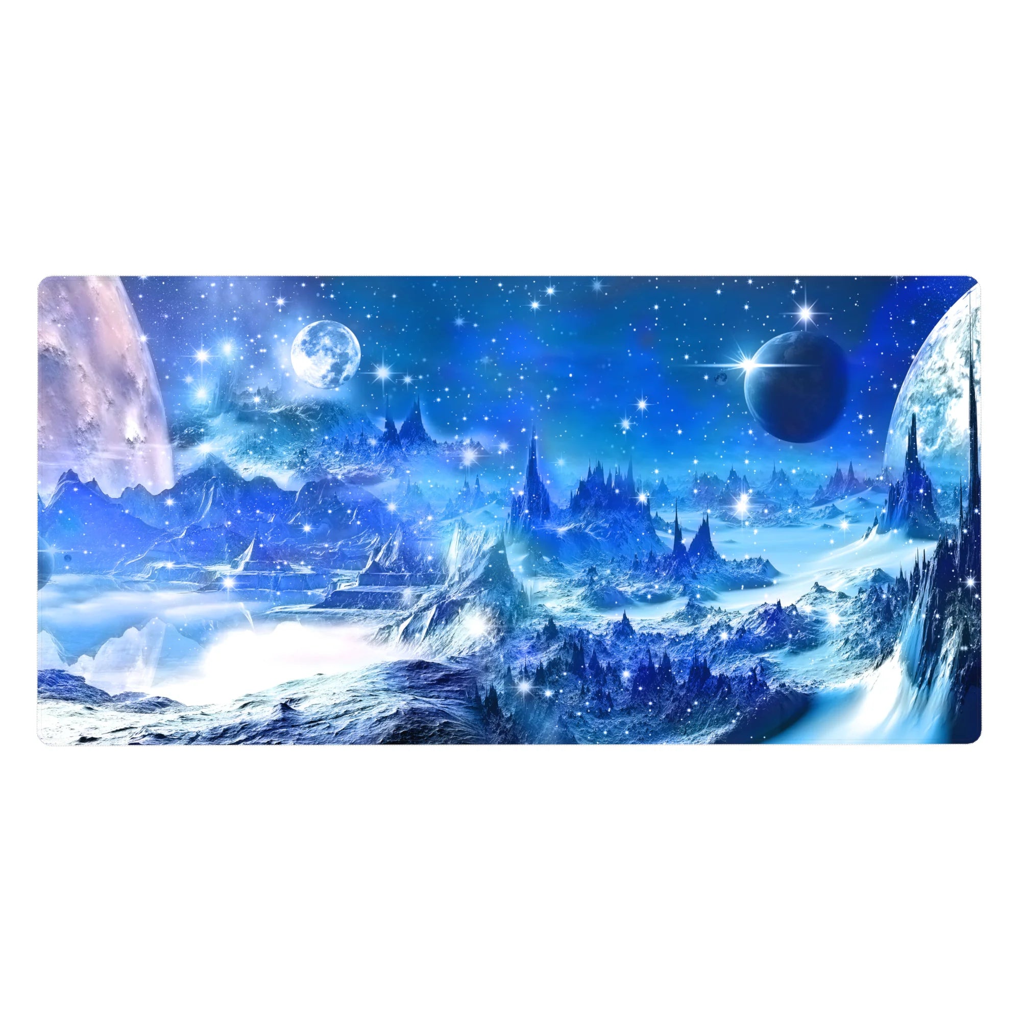 Frosty galaxy desk pad 40x20 inches with icy peaks, winking stars, and distant planets on deep blue sky.