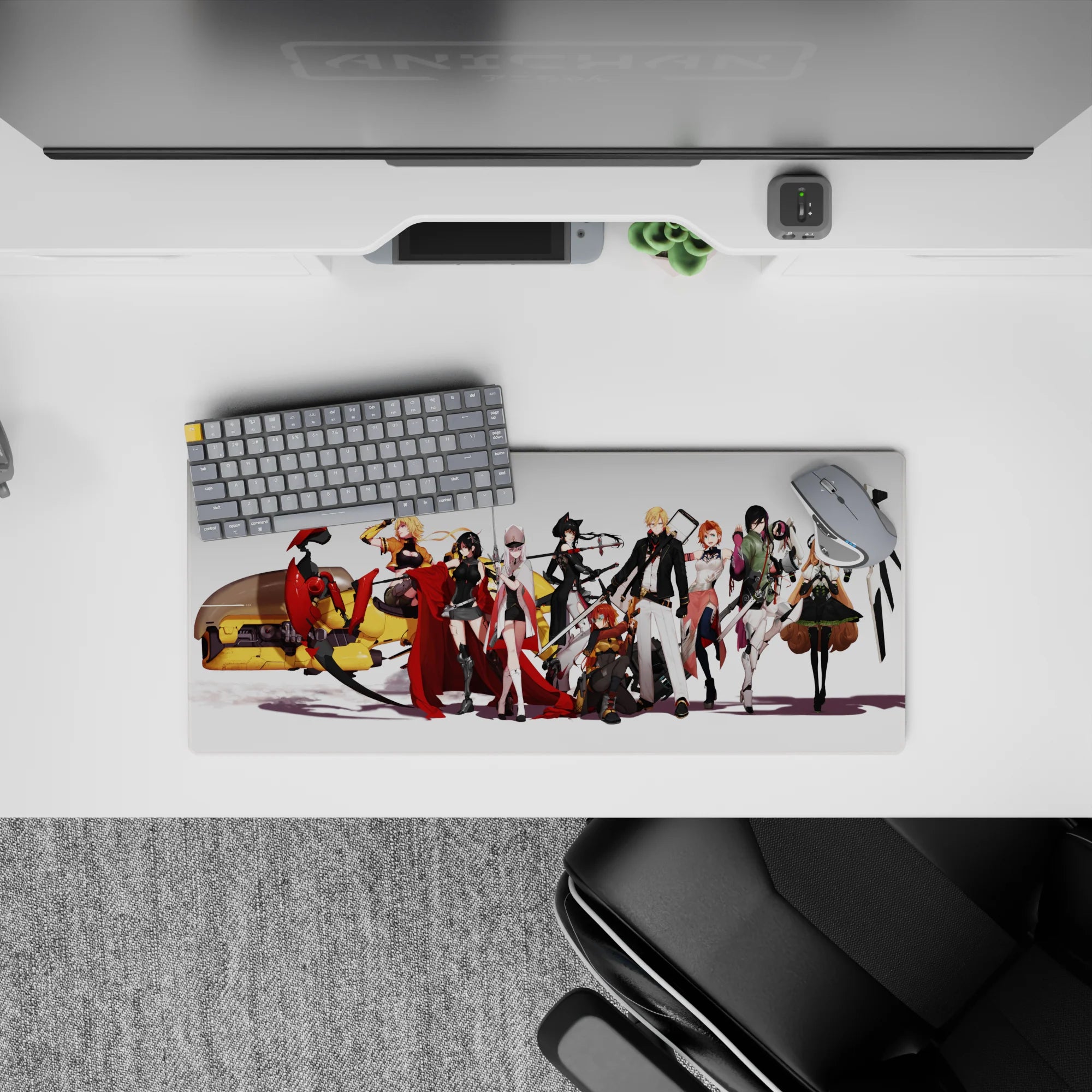 28x12 inches anime girl mouse pad in bold reds, blacks, and creamy whites for a sleek cinematic squad mood.