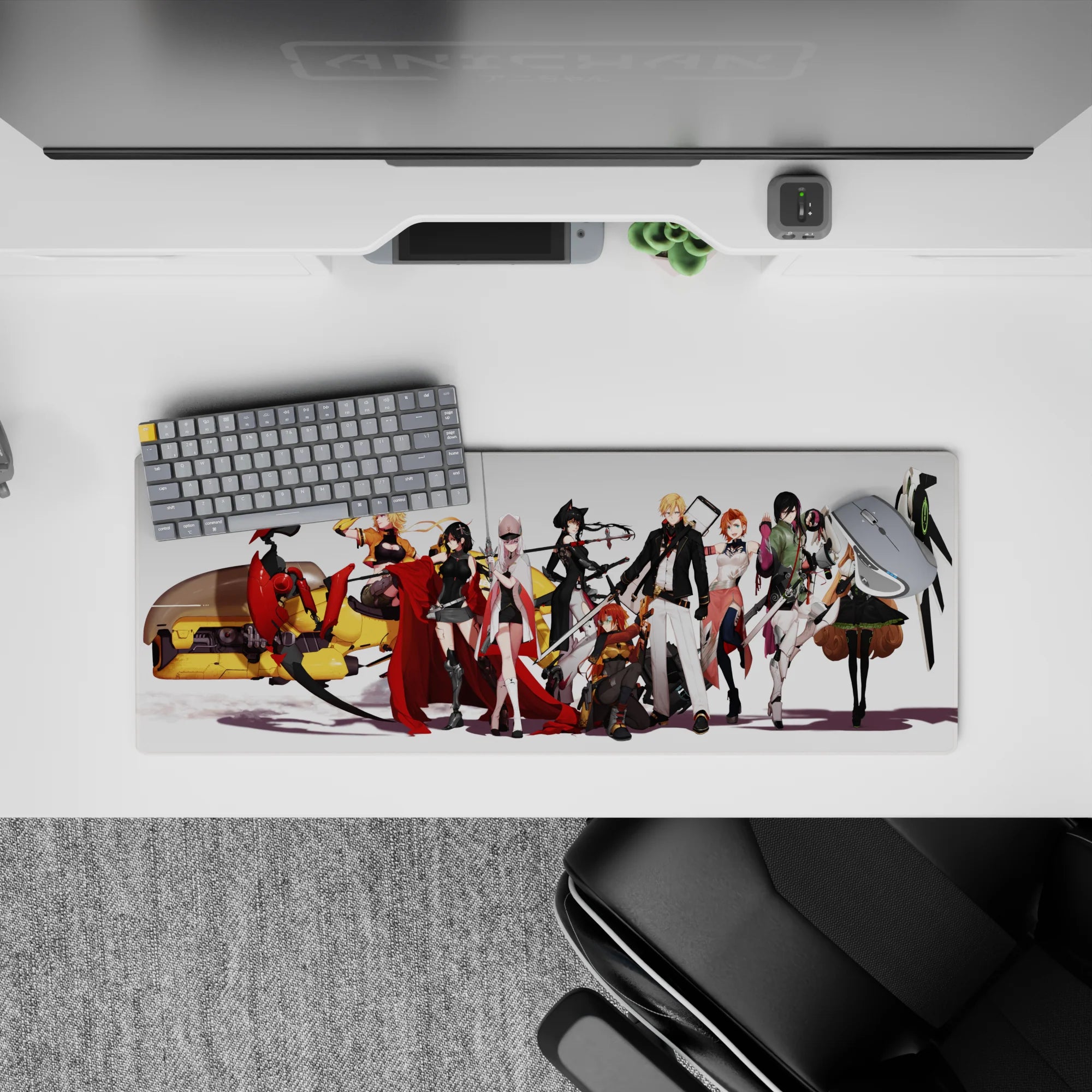 Anime girl mouse pad 32x12 inches in bold reds, blacks, and creamy whites with sleek cinematic vibe.