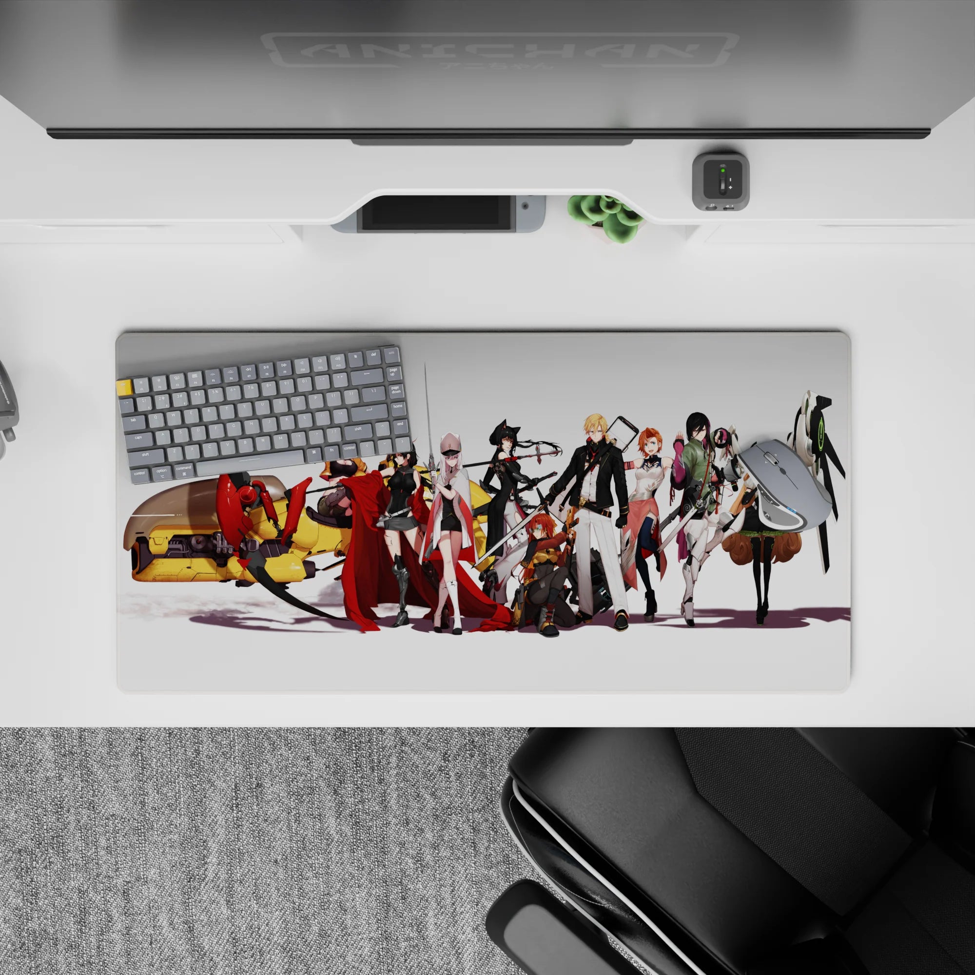 Anime girl mouse pad 32x16 inches in bold reds, blacks, and creamy whites for a sleek cinematic squad vibe.