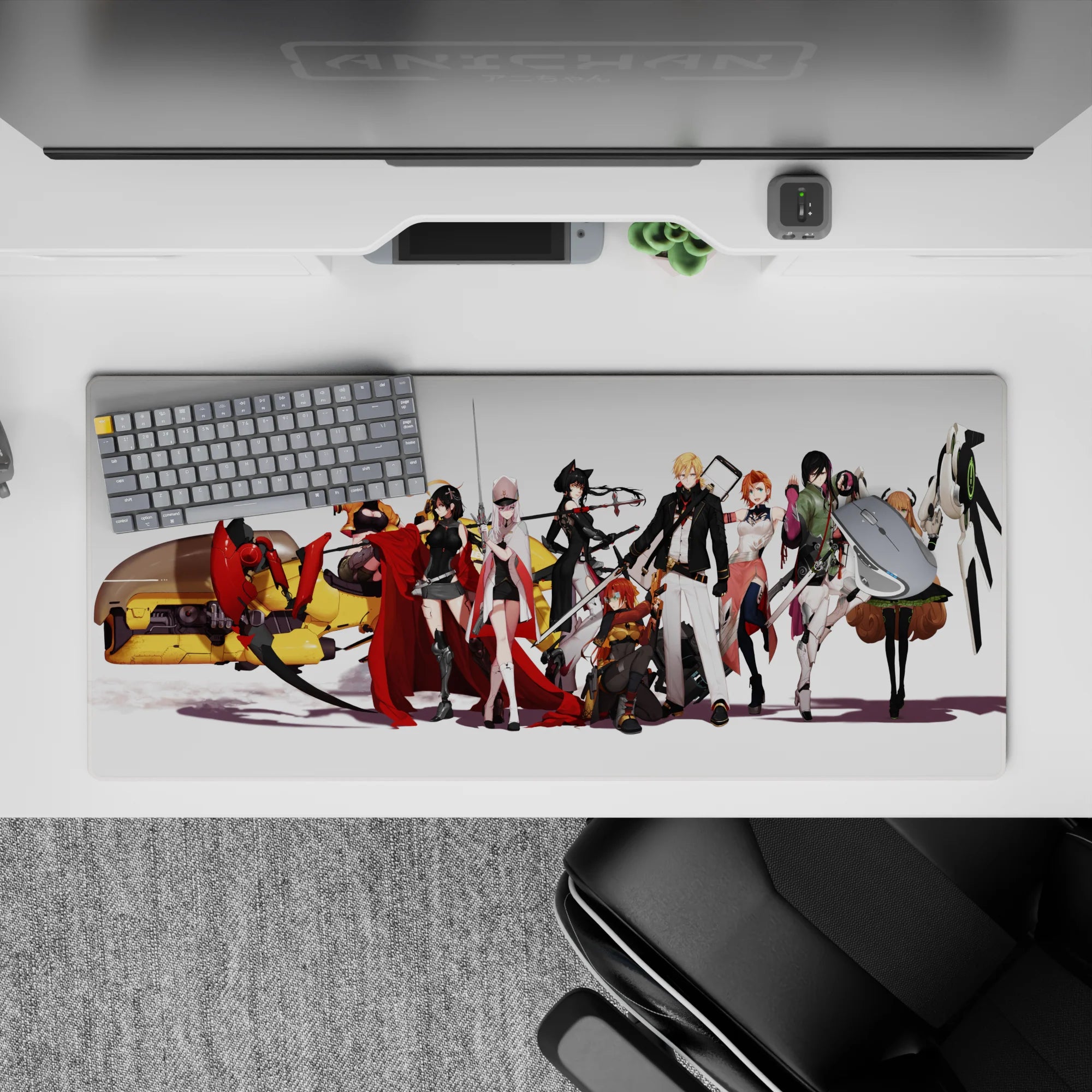 Cinematic anime girl desk pad 36x16 inches in bold reds, blacks, and creamy whites with sleek armor and attitude.