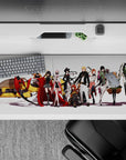 Cinematic anime girl desk pad 36x16 inches in bold reds, blacks, and creamy whites with sleek armor and attitude.