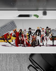 Red, black, and creamy white anime girl desk pad 40x20 inches with bold cinematic squad energy.