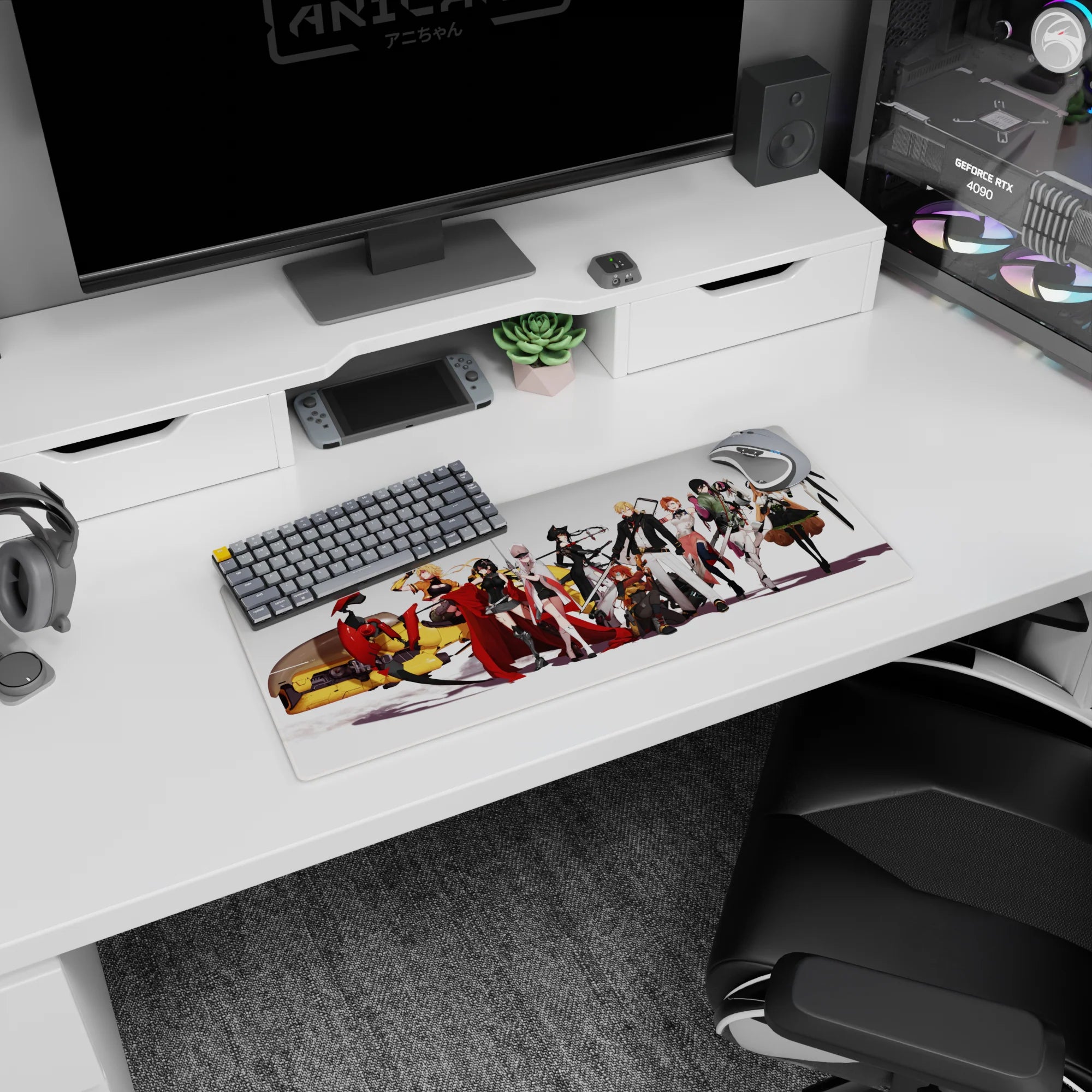 28x12 inches anime girl mouse pad showing armored girls with capes and glossy weapons beside a chunky yellow mech.