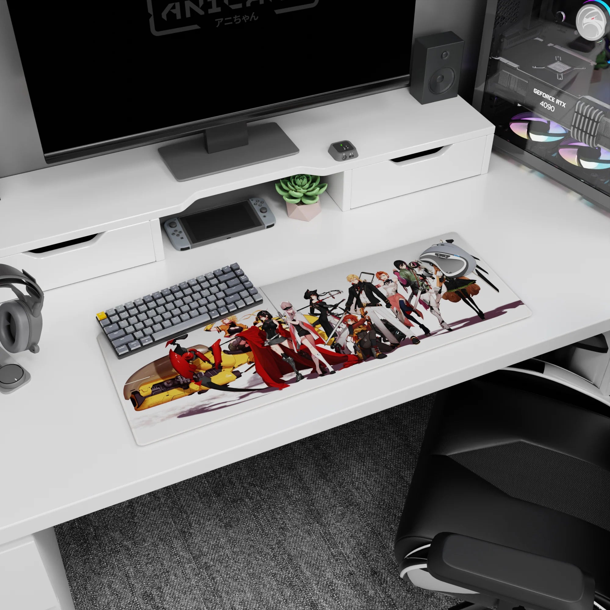 Anime girl mouse pad 32x12 inches showing armored anime squad with capes, glossy weapons, and mech.