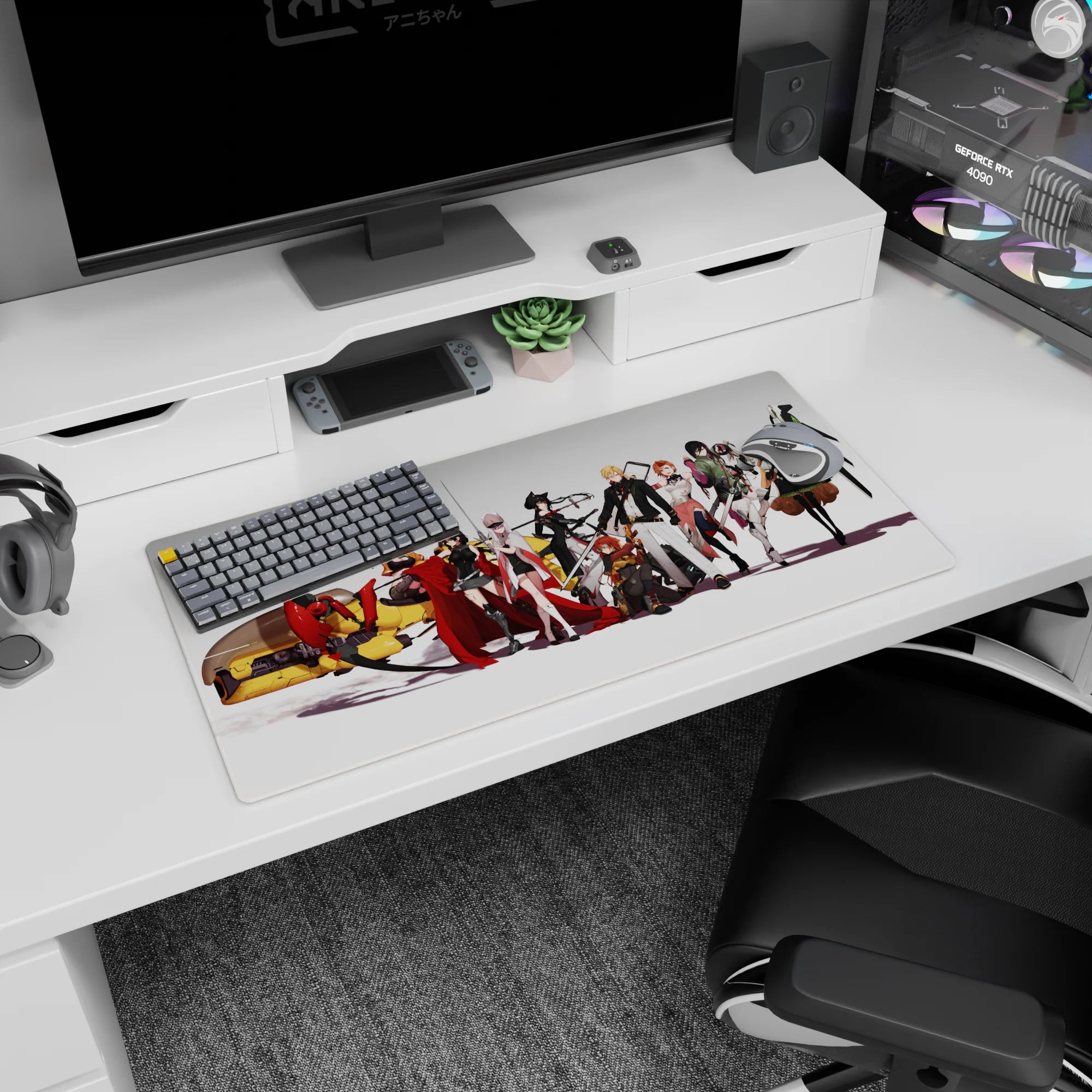 Anime girl mouse pad 32x16 inches showing armored anime girls with capes, glossy weapons, and a chunky mech.