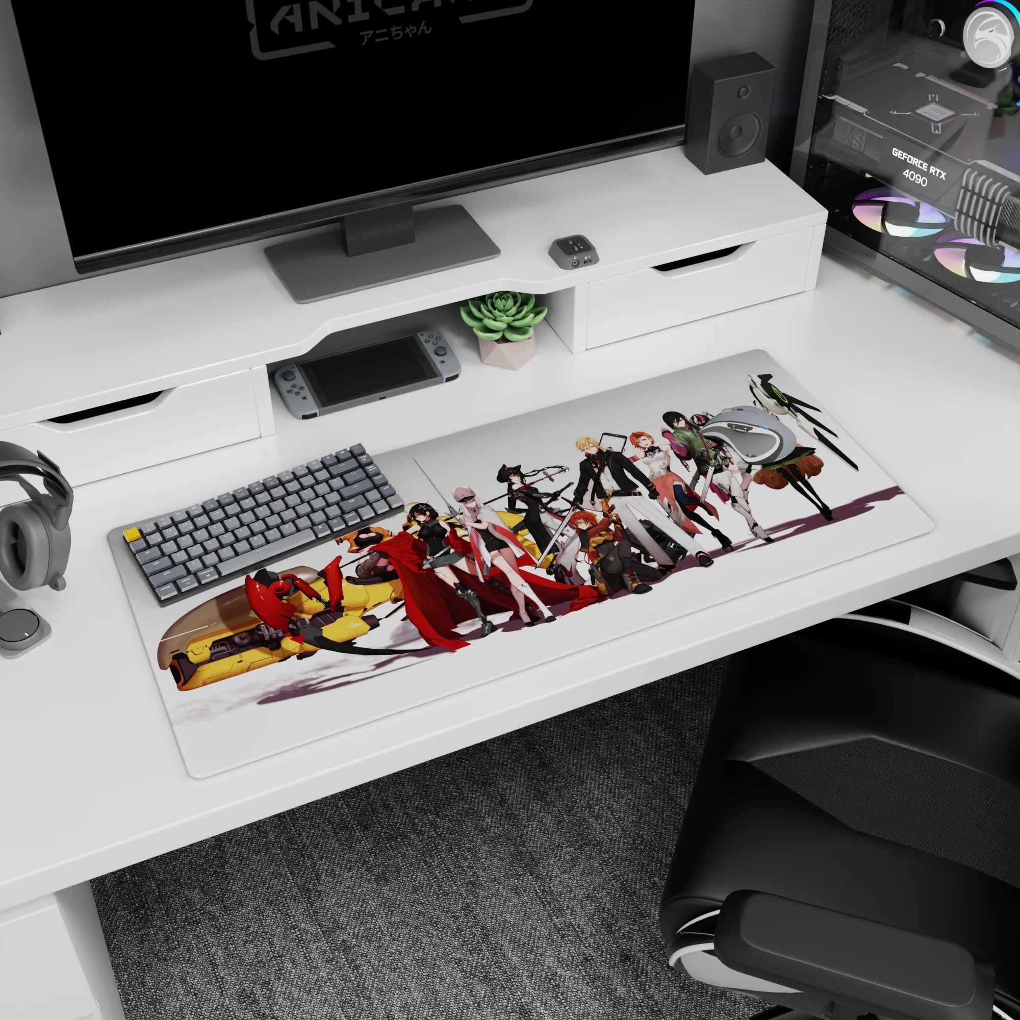 Anime girl desk pad 36x16 inches showing a squad of armed heroines with capes beside a chunky yellow mech.