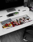 Anime girl desk pad 36x16 inches showing a squad of armed heroines with capes beside a chunky yellow mech.