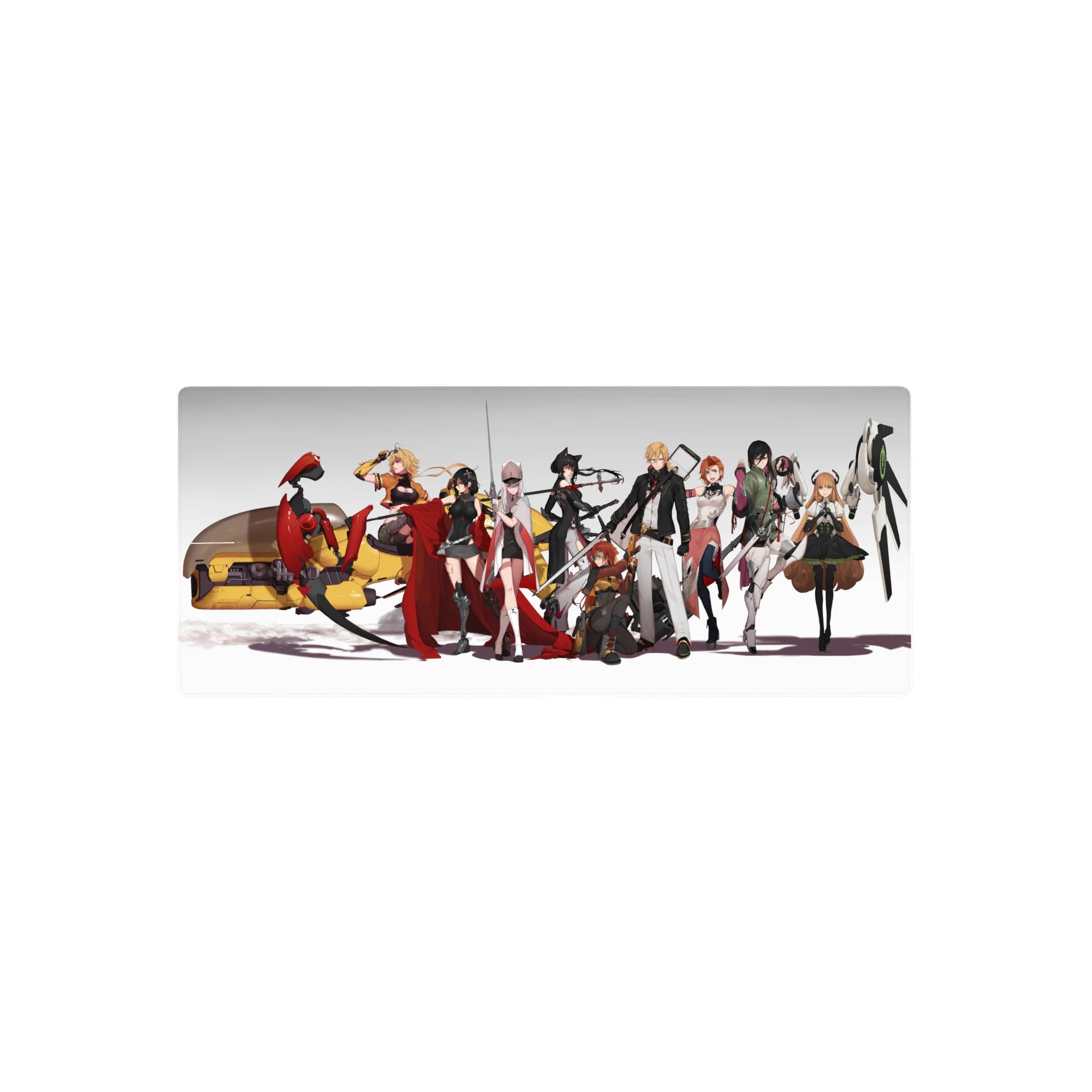 28x12 inches anime girl mouse pad with sci-fi heroines lineup, yellow mech, and white drone on clean backdrop.