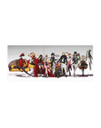 28x12 inches anime girl mouse pad with sci-fi heroines lineup, yellow mech, and white drone on clean backdrop.