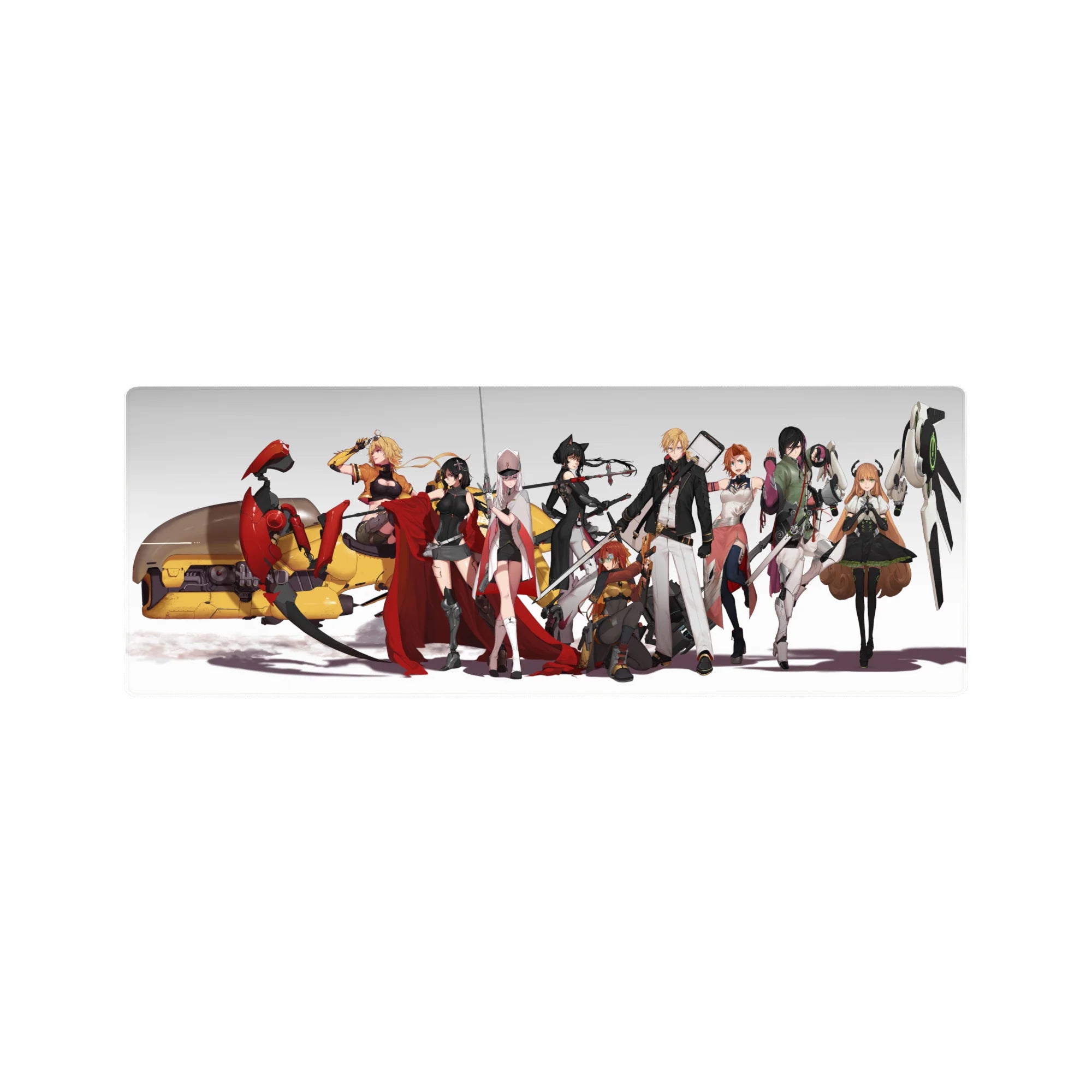 Anime girl mouse pad 32x12 inches with sci-fi heroines lineup, yellow mech, and white drone.
