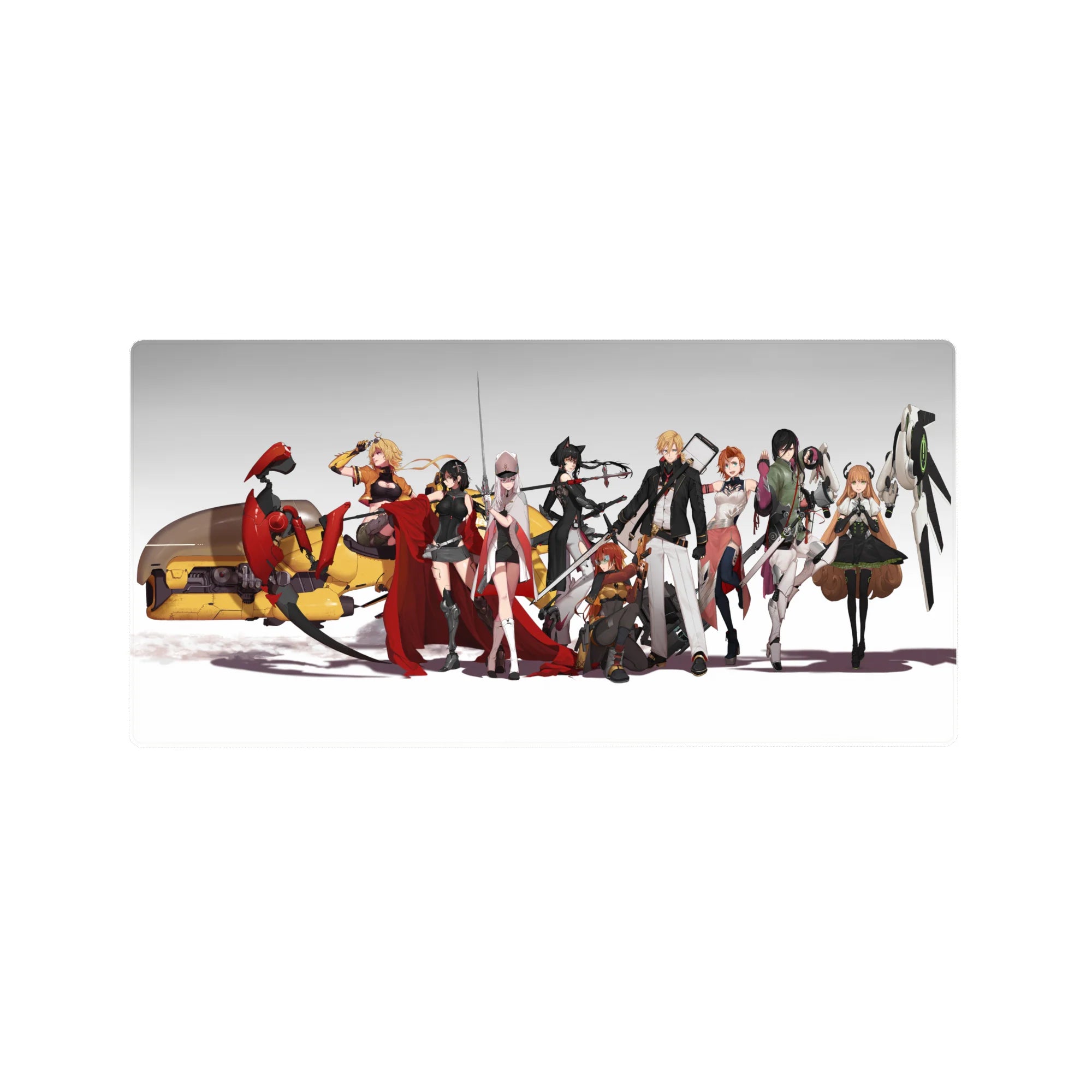 Anime girl mouse pad 32x16 inches with sci-fi heroines lineup, yellow mech, and white drone on clean backdrop.